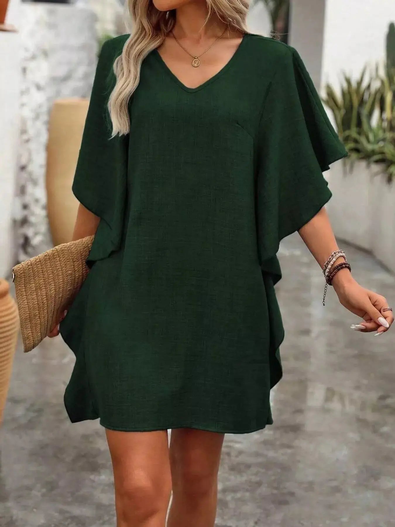Ruffled Flutter Sleeve V-Neck Mini Dress Trendsi