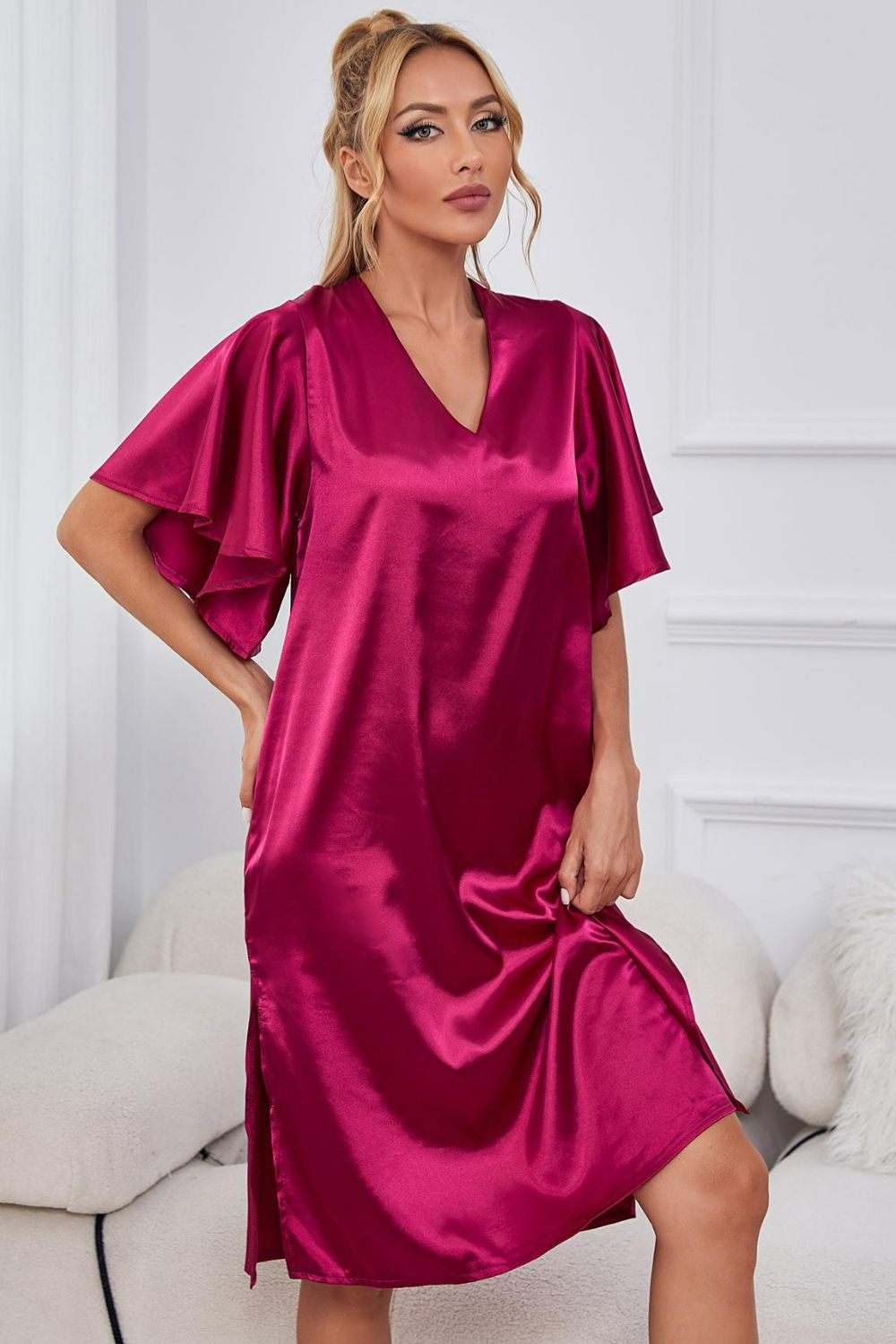Women's Satin V-Neck Night Dress with Flutter Sleeves