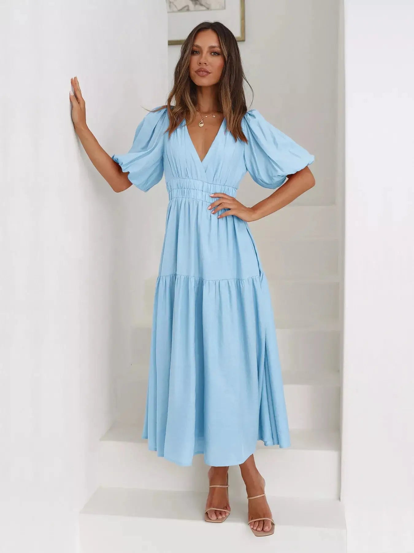 Tiered Puff Sleeve Midi Dress Trendsi