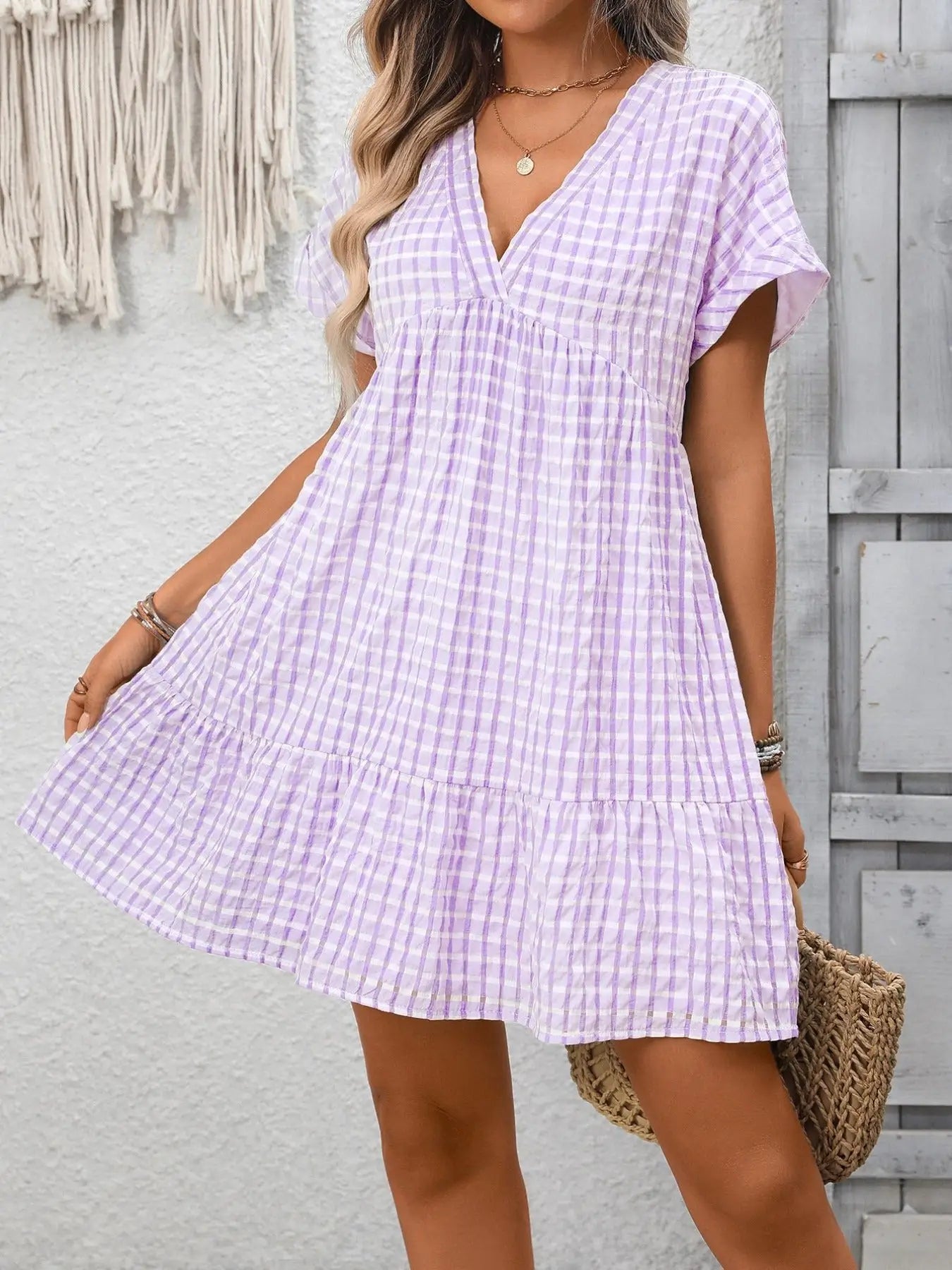 Plaid V-Neck Ruffle Hem Mini Dress Trendsi
