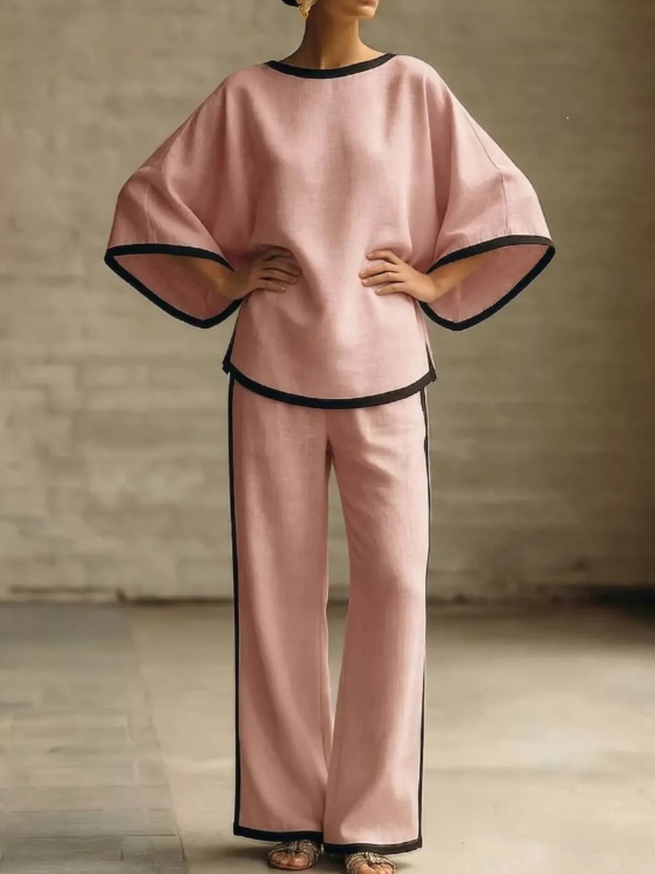 Women's Pants Set – Contrast Trim Top