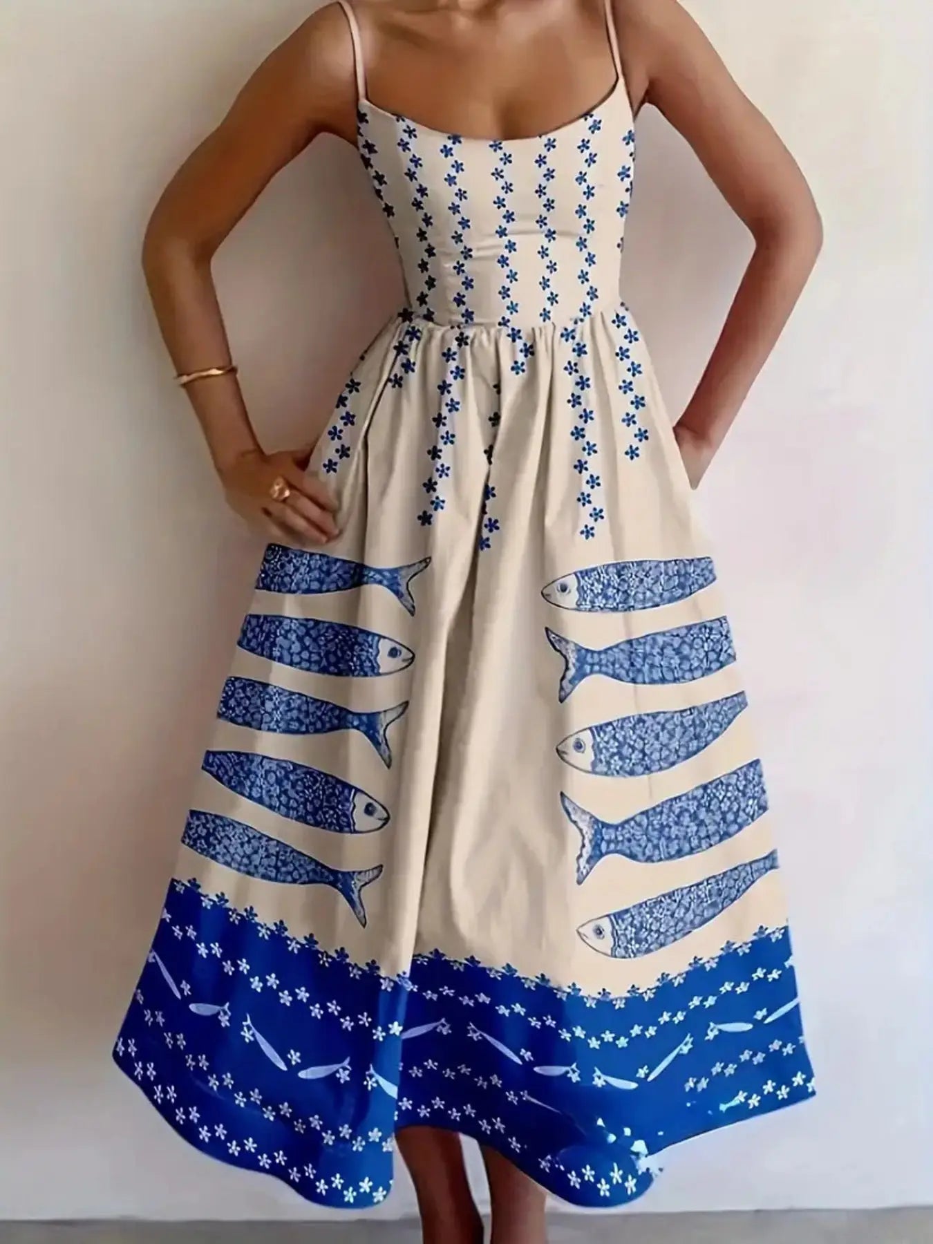 Sardine Print Spaghetti Strap Midi Dress Trendsi