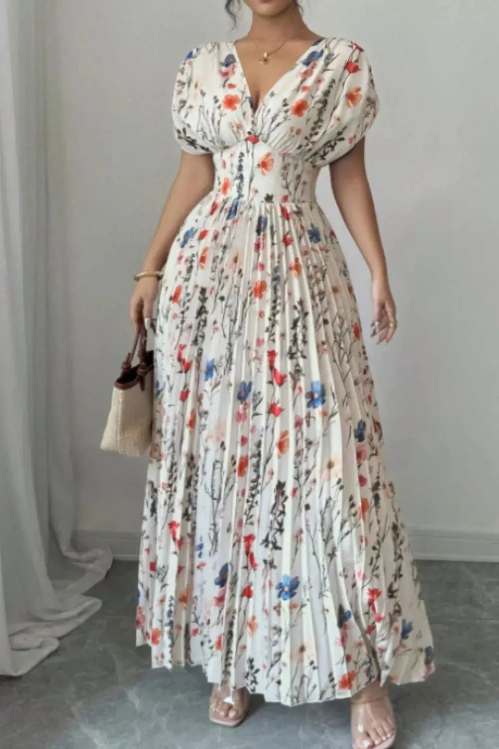 Floral Print Pleated Maxi Dress Trendsi