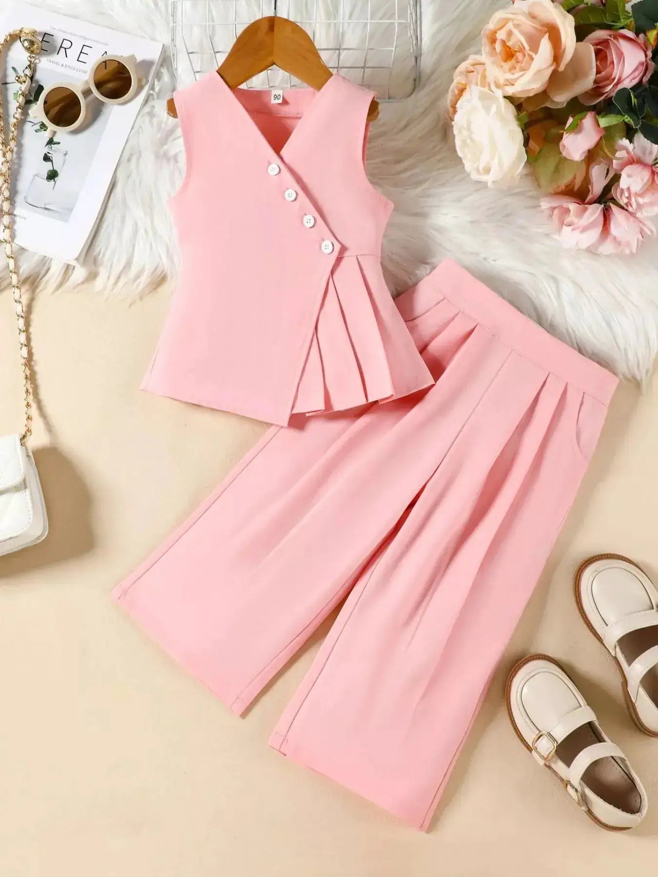 Kids Sleeveless Top And White Wide Leg Pants Two Piece Set — Parfymia