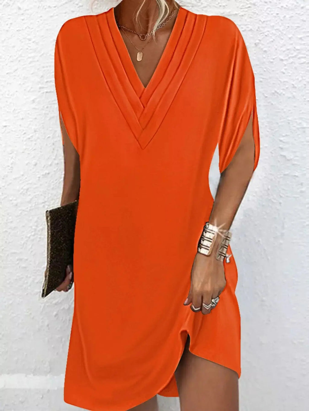 Full Size V-Neck Slit Sleeve Mini Dress Plus Size Trendsi
