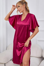 Women's Satin V-Neck Night Dress with Flutter Sleeves