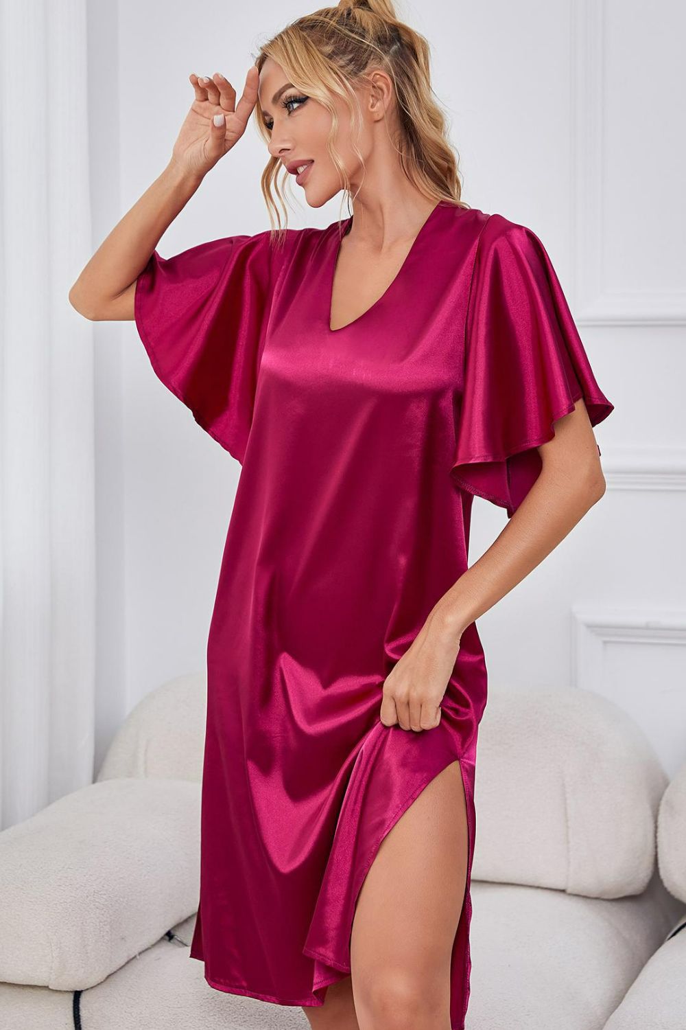 Women's Satin V-Neck Night Dress with Flutter Sleeves