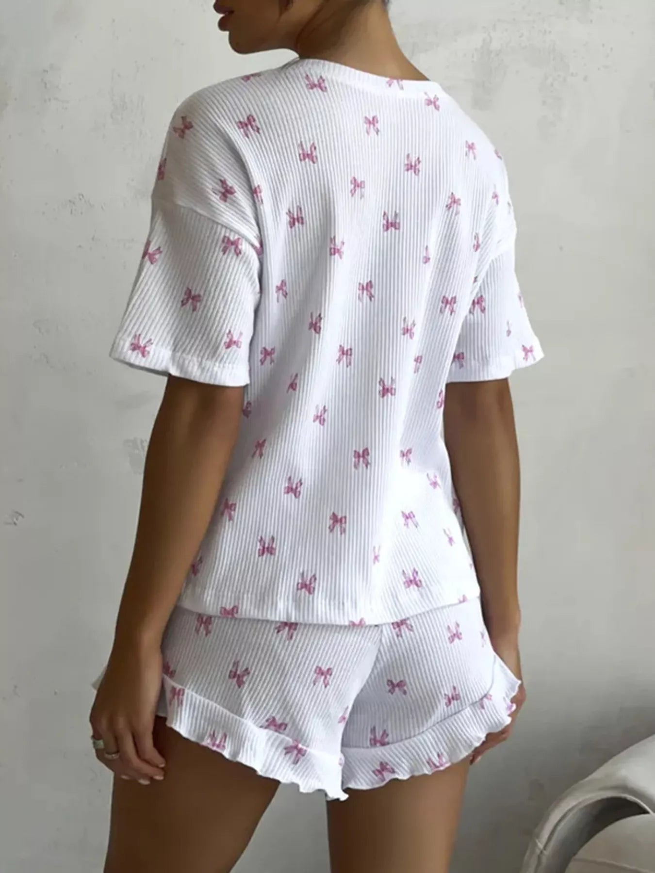 Women's Loungewear Set Ribbed Knit Bow Print