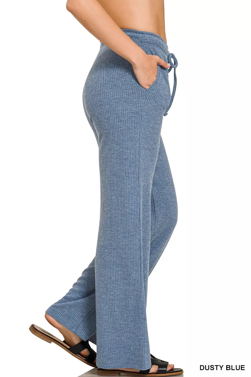 Women's Lounge Pants – Ribbed Drawstring Wide Leg