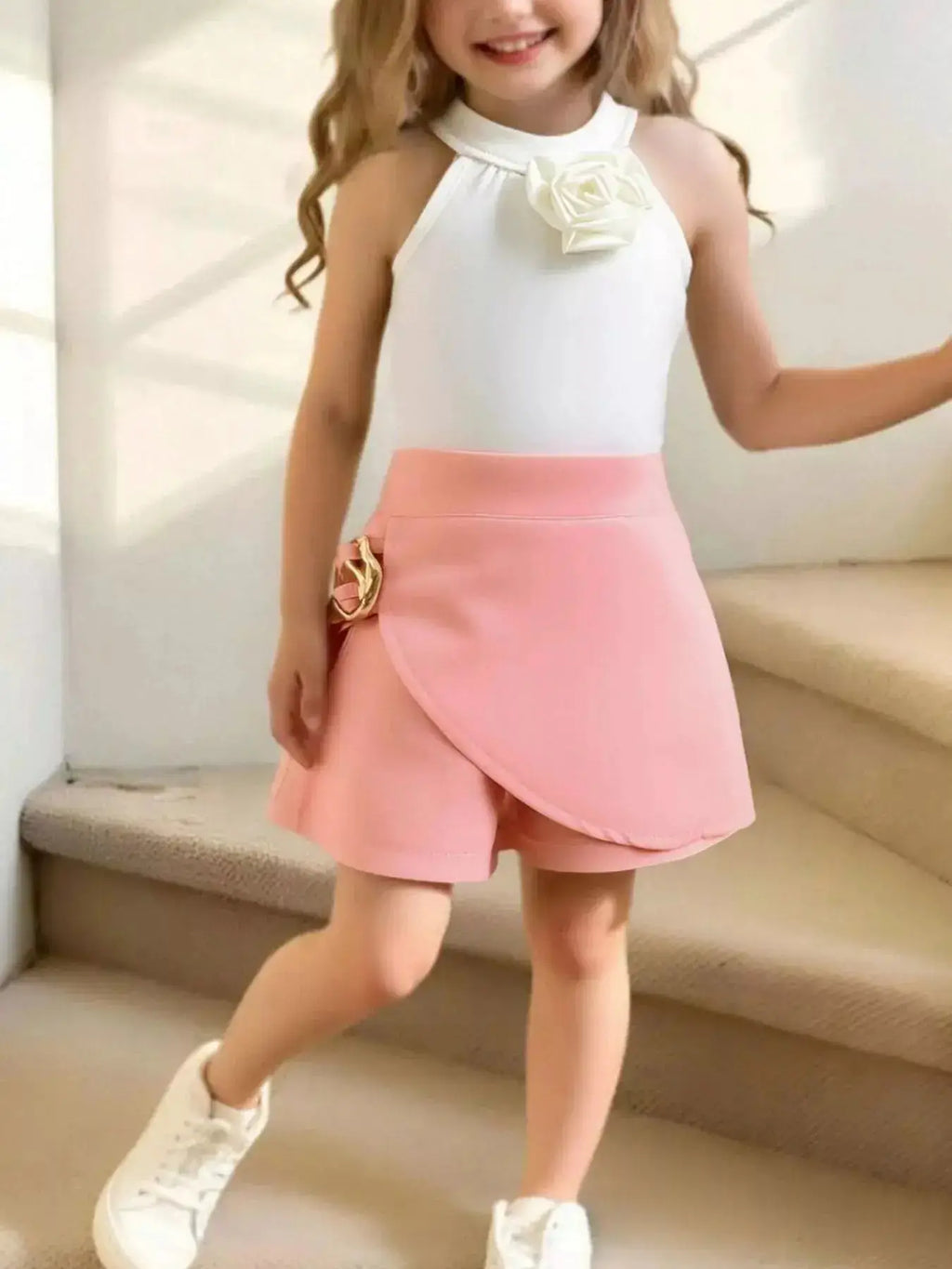 Girls Sleeveless Top And Skort Set With Bow Accent — Parfymia