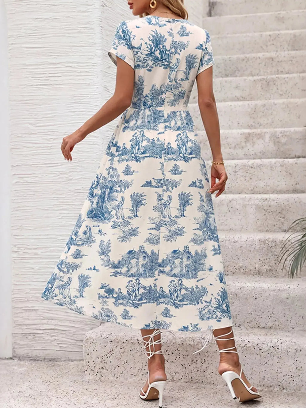 Printed Short Sleeve Midi Dress Trendsi