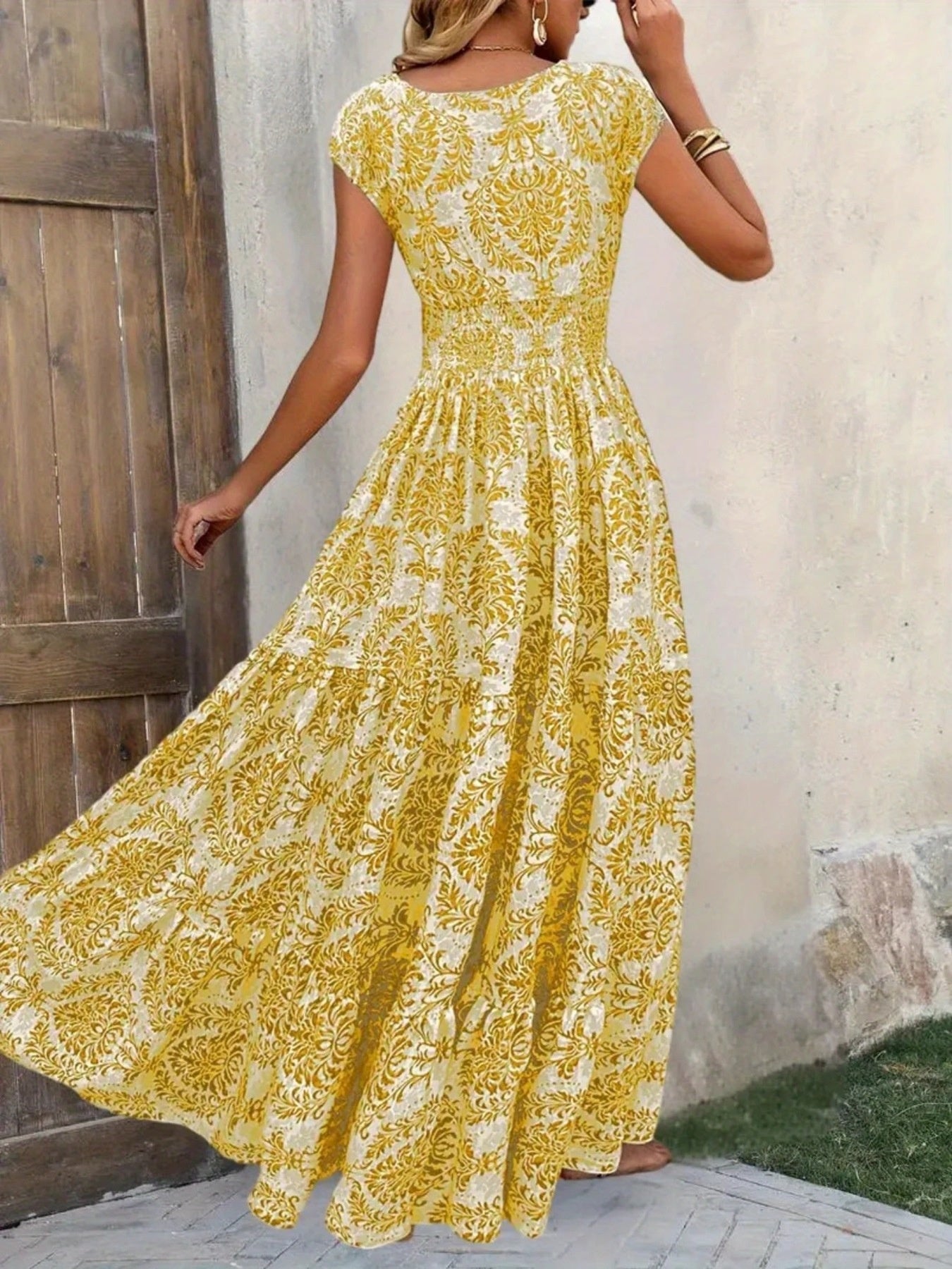 Printed Cap Sleeve Maxi Dress Trendsi