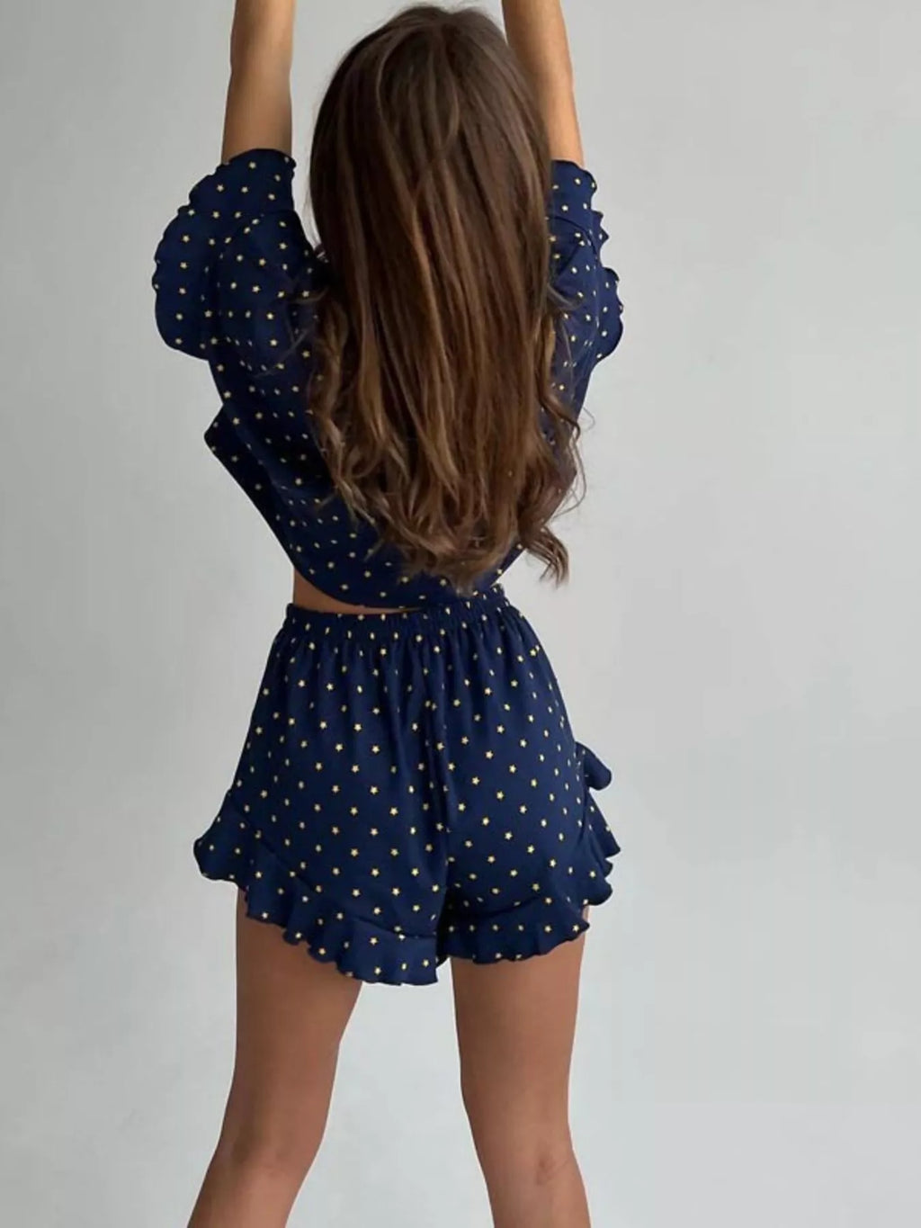 Women's Loungewear Set – Printed Crop Top & Ruffled Shorts