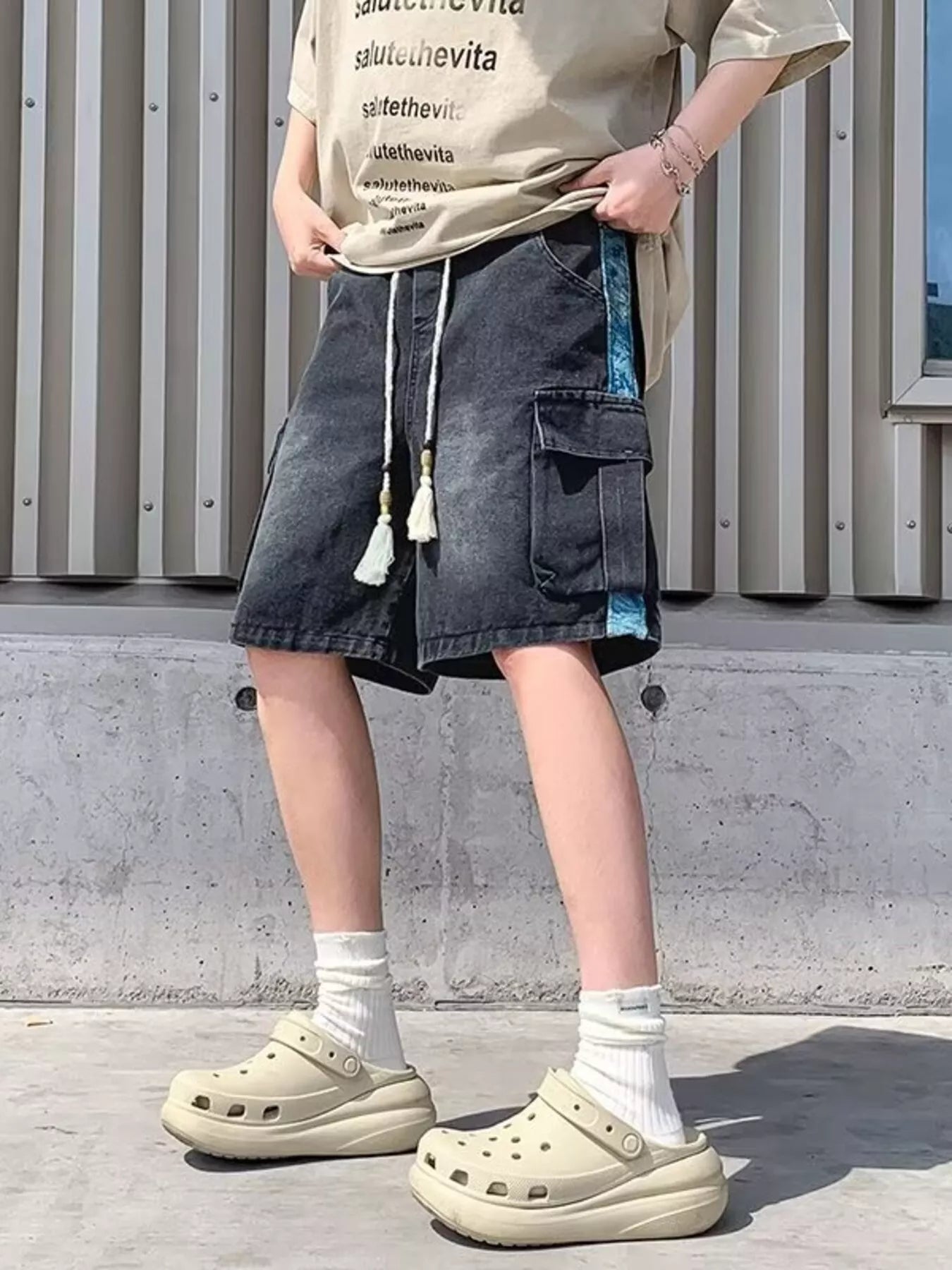 Men's Full Size Vintage Wash Cargo Denim Shorts Plus Size