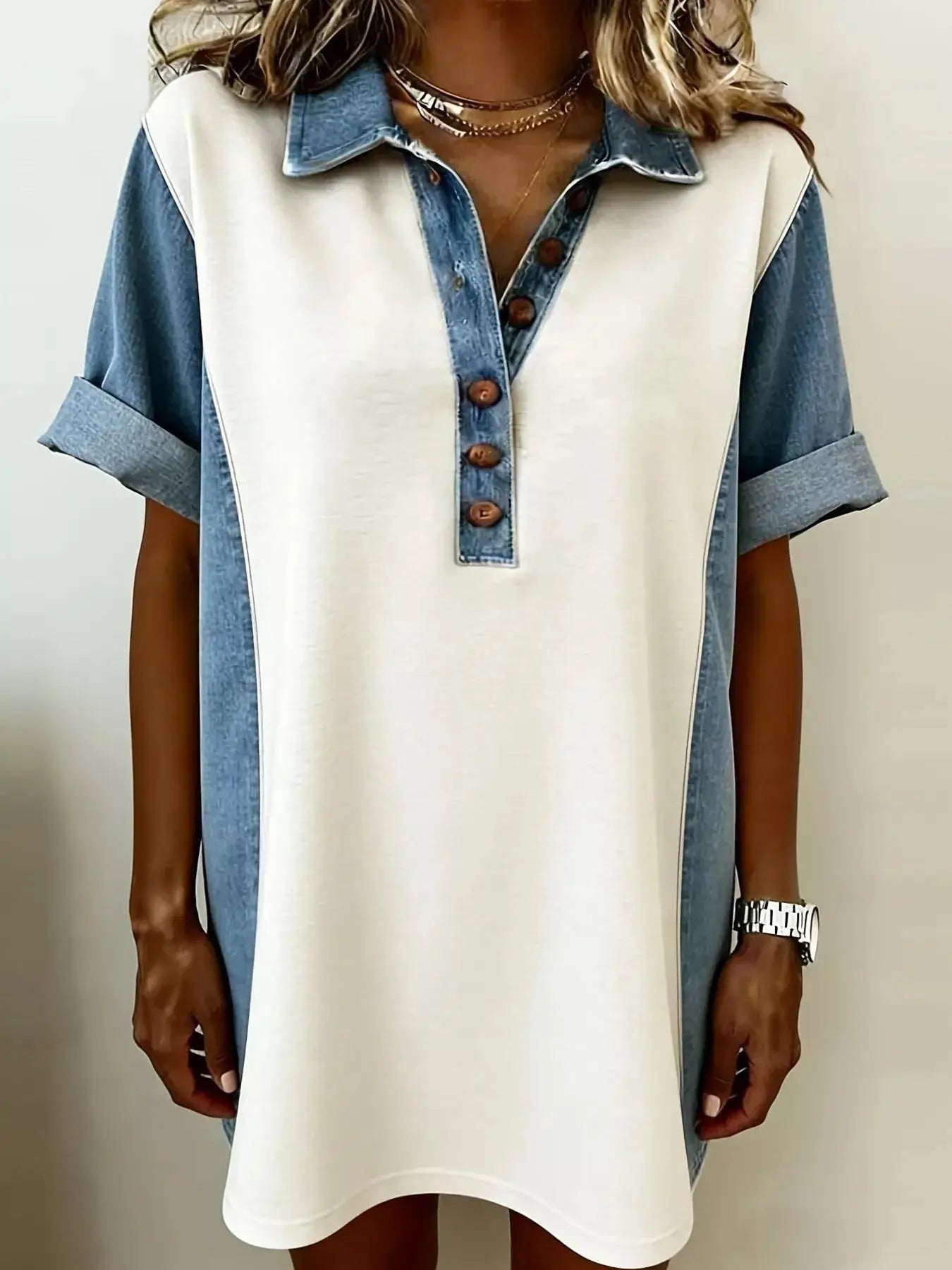 Denim Patchwork Button Front Mini Dress Trendsi