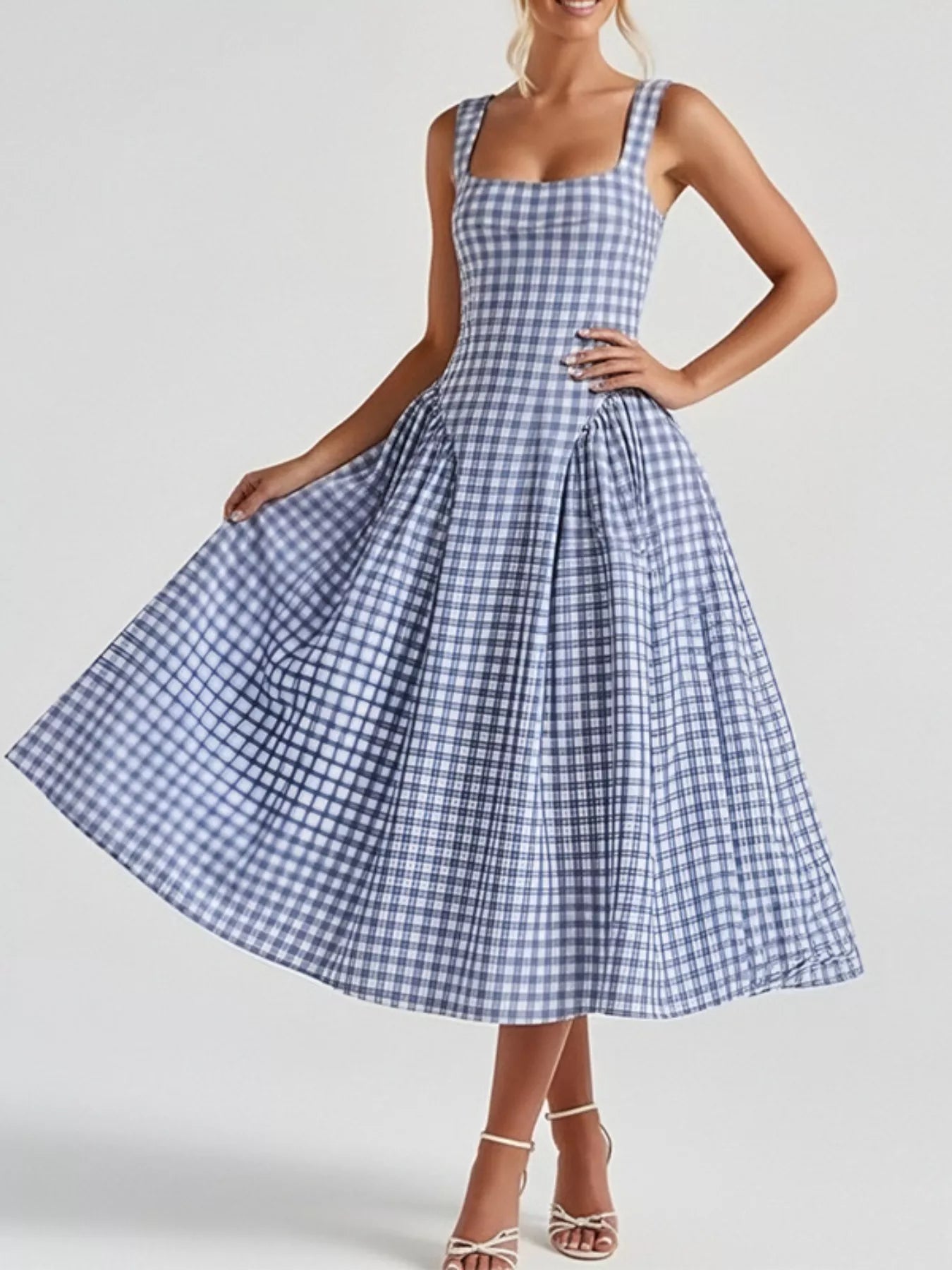 Women's Plaid Midi Dress – Square Neckline Plus Size