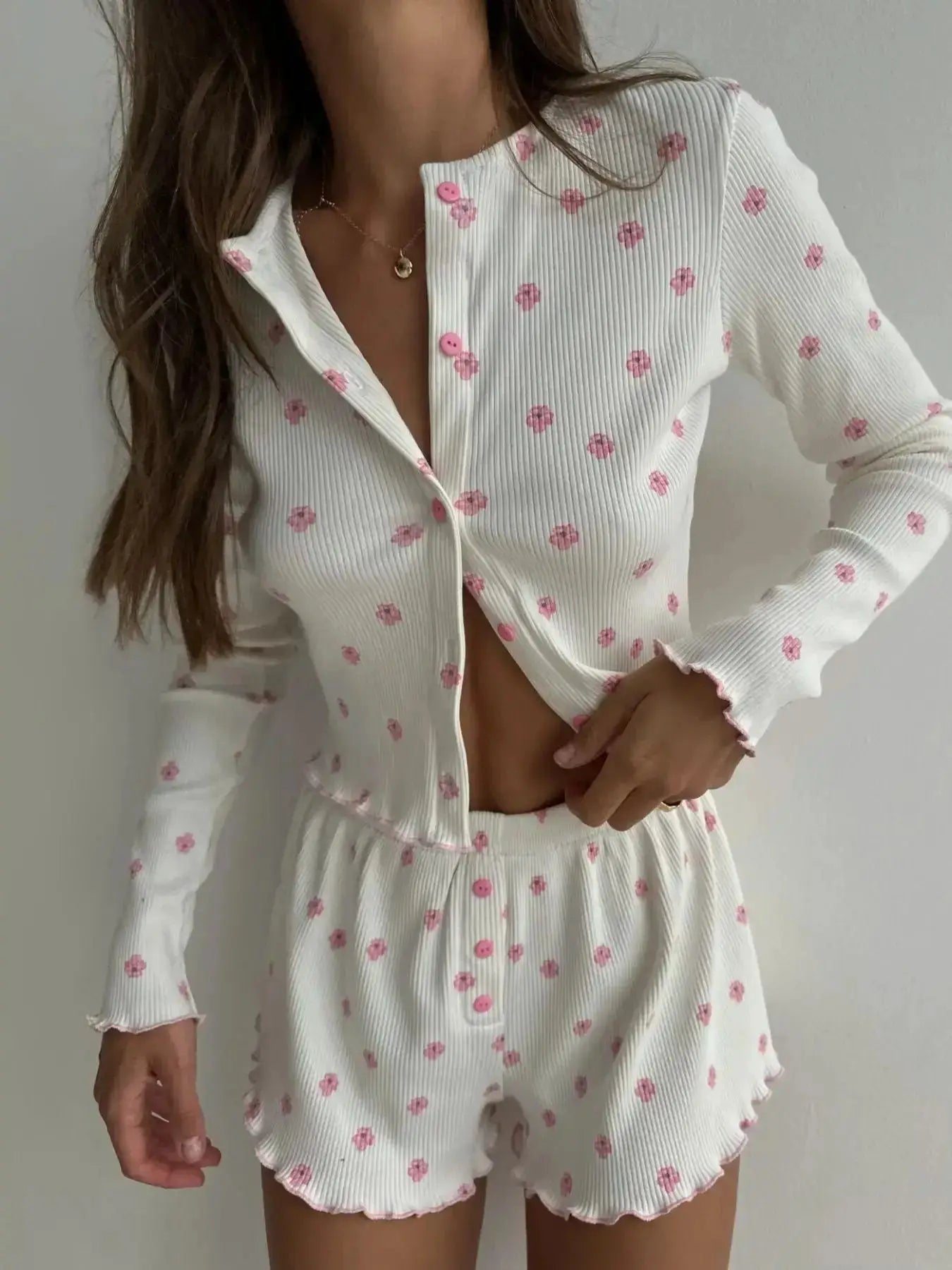 Women's Loungewear Set Floral Print Ribbed Knit