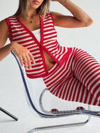 Striped Knit V-Neck Button-Up Sleeveless Top and Flare Pants Set