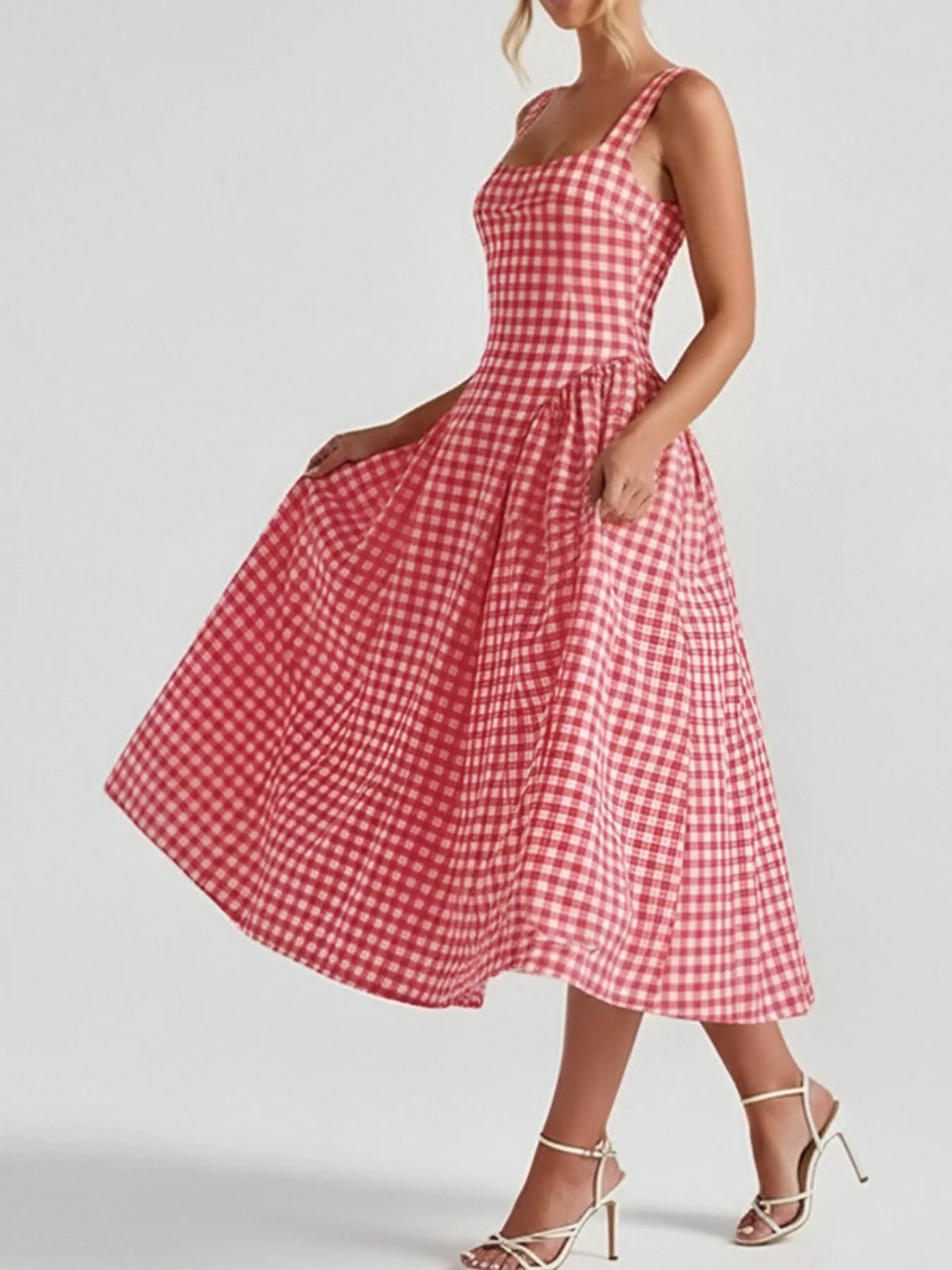 Women's Plaid Midi Dress – Square Neckline Plus Size
