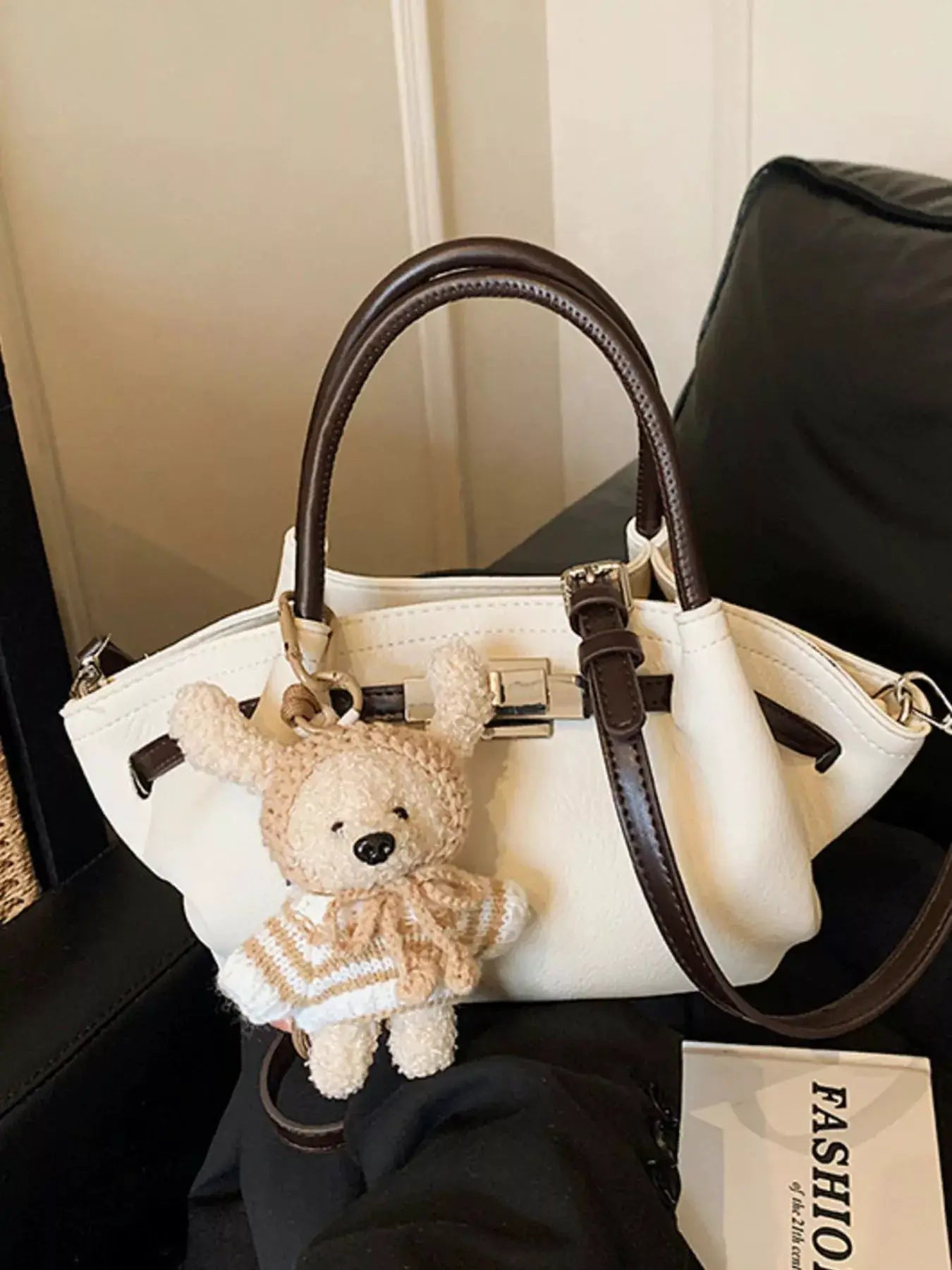 Mini PU Leather Buckle Decor Crossbody Bag With Bear Charm — Parfymia