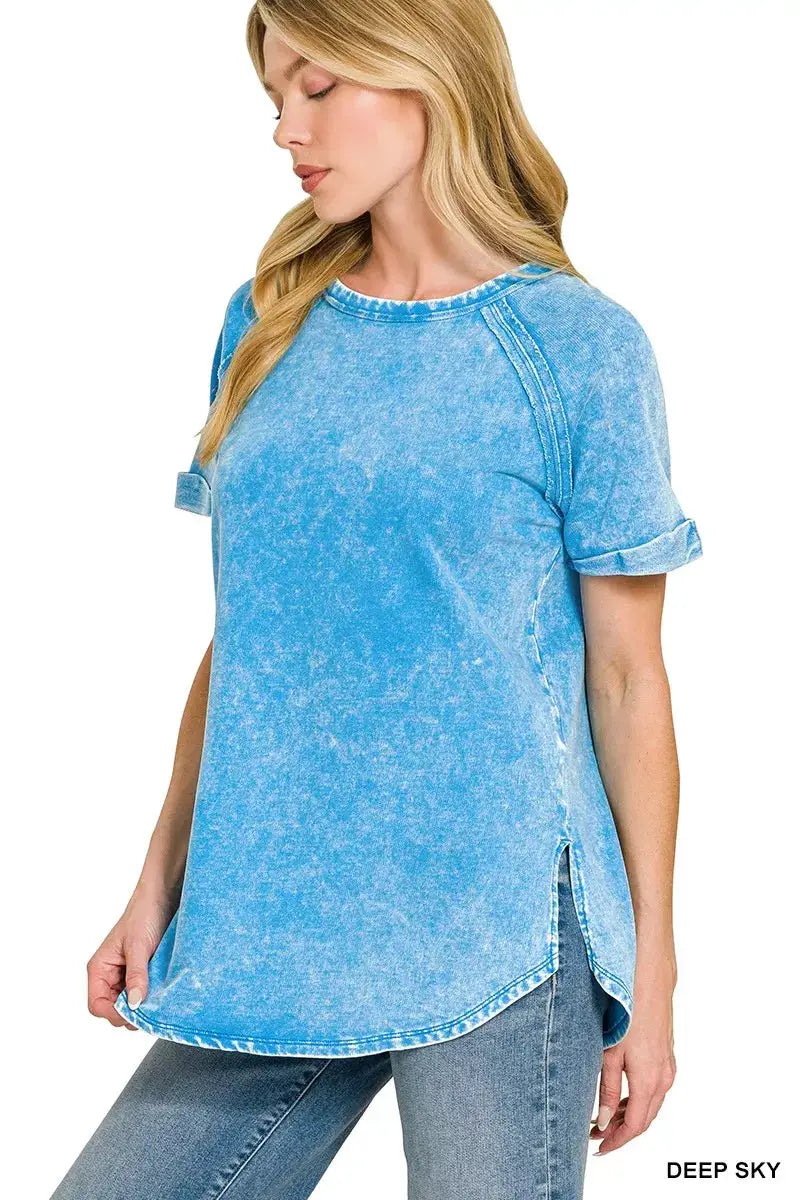 Zenana Deep Sky French Terry Curved Hem Top Loose Fit — Parfymia