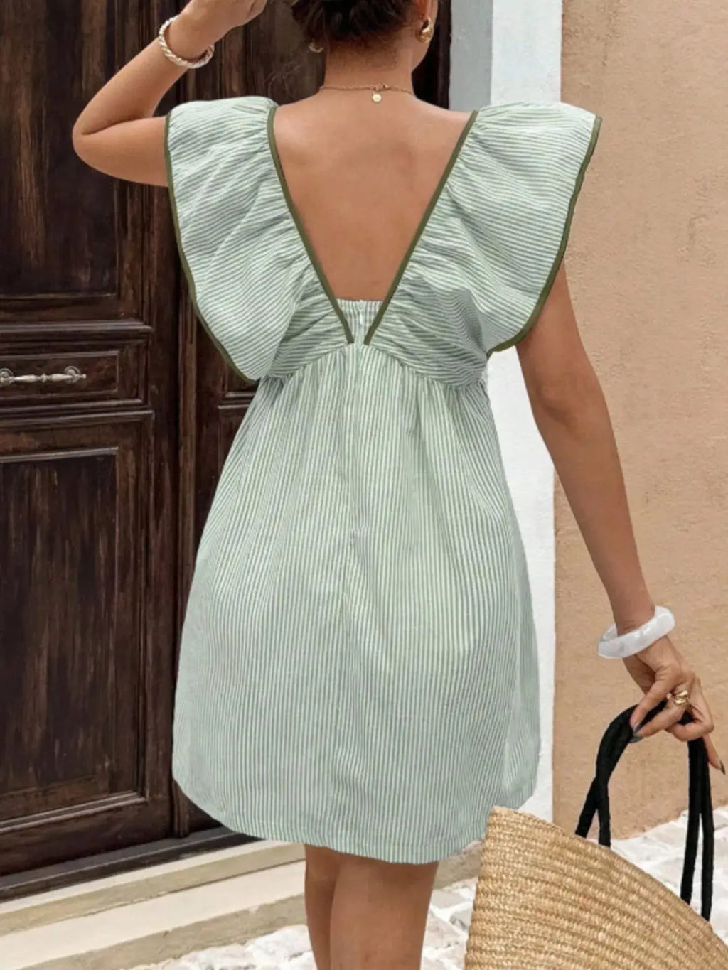Striped Ruffle Sleeve Mini Dress Trendsi