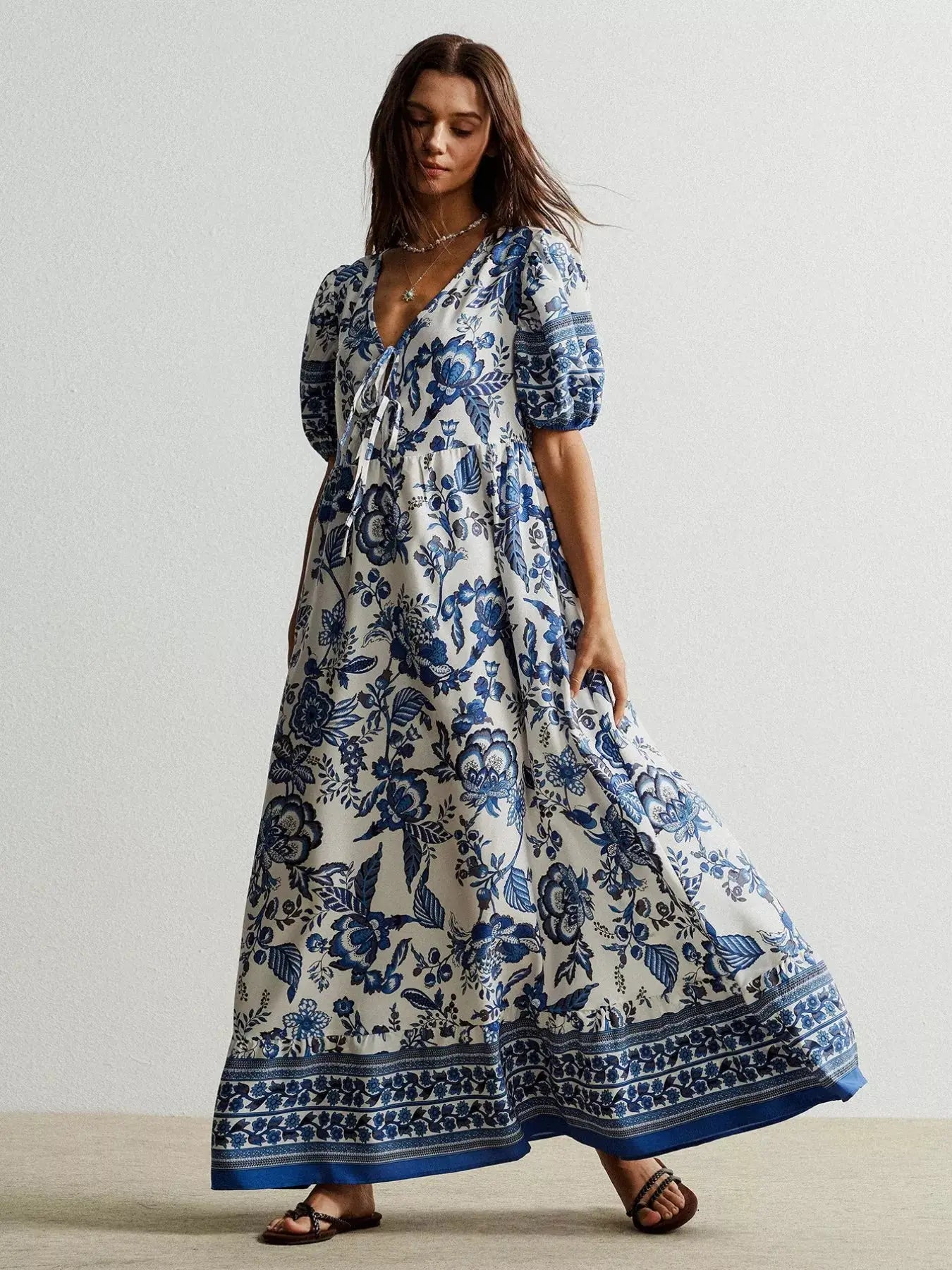 Floral Print Tie-Neck Puff Sleeve Maxi Dress Trendsi