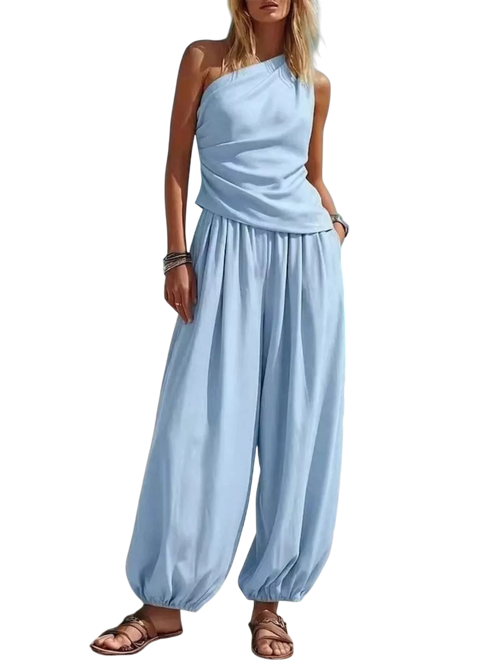 Women's Pants Set – One-Shoulder Top & Wide Leg