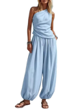 Women's Pants Set – One-Shoulder Top & Wide Leg