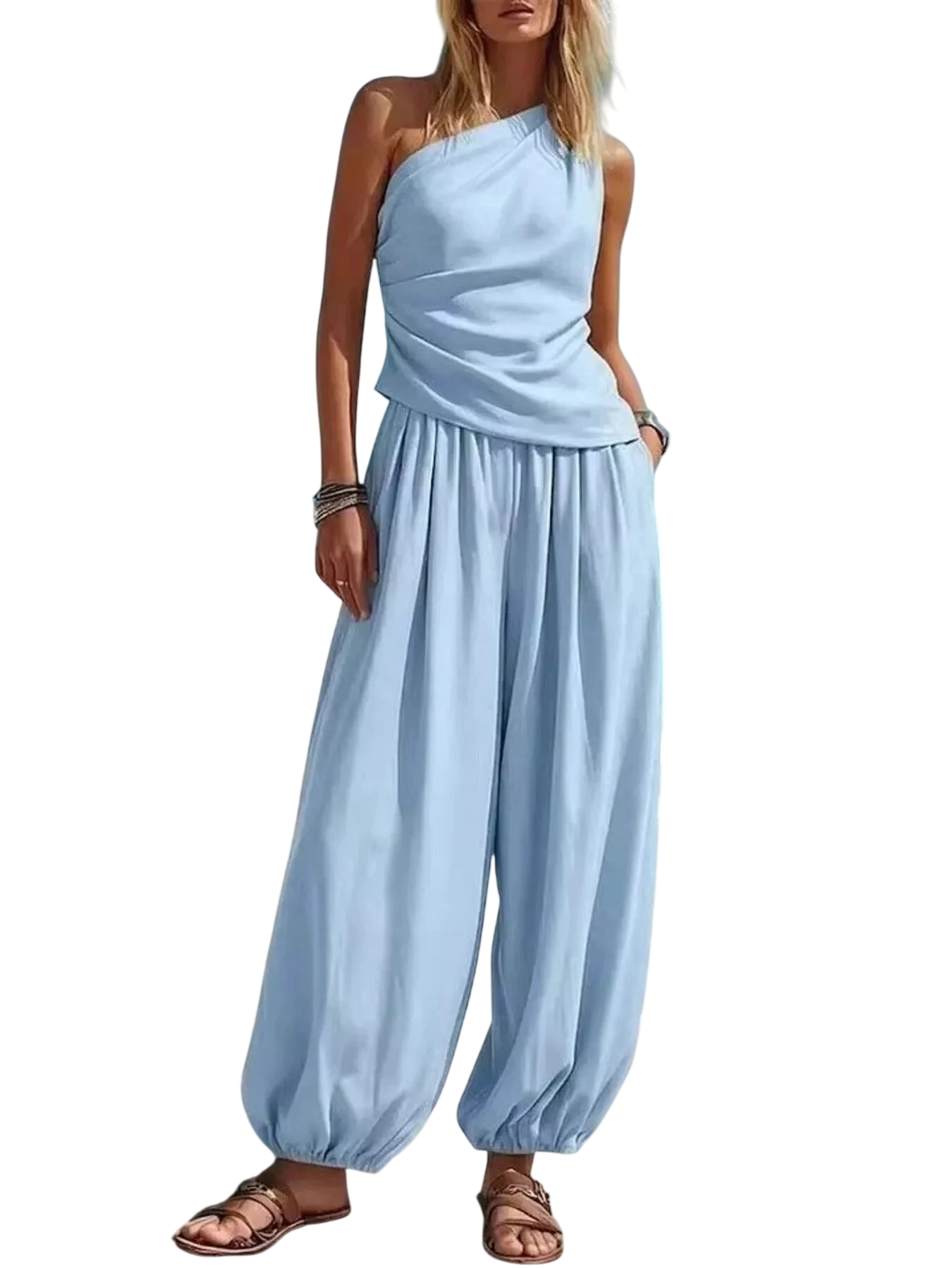 Women's Pants Set – One-Shoulder Top & Wide Leg