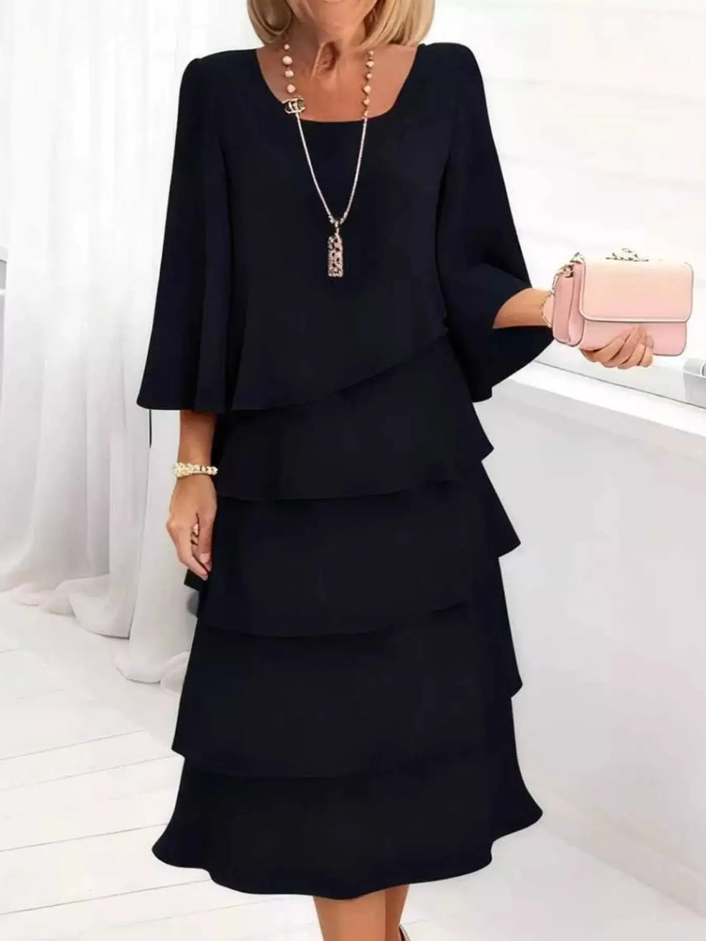 Full Size Ruffled Layered 3/4 Sleeve Dress Plus Size Trendsi
