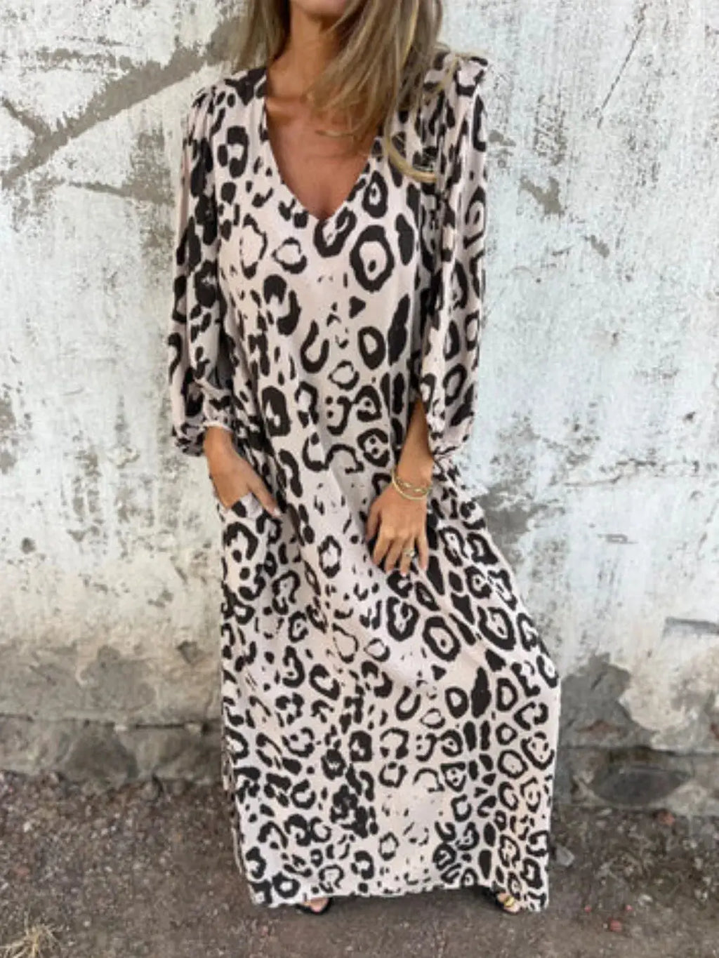 Full Size Printed V-Neck Dress with Pockets Plus Size Trendsi