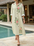 Plus Size Floral Striped Button-Down Midi Shirt Dress Trendsi