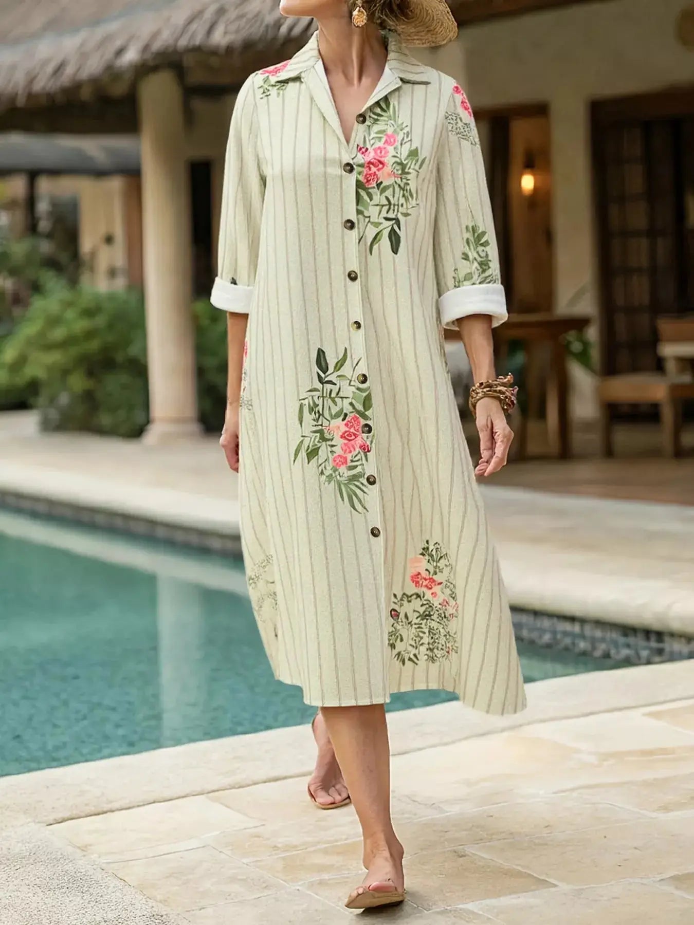 Plus Size Floral Striped Button-Down Midi Shirt Dress Trendsi