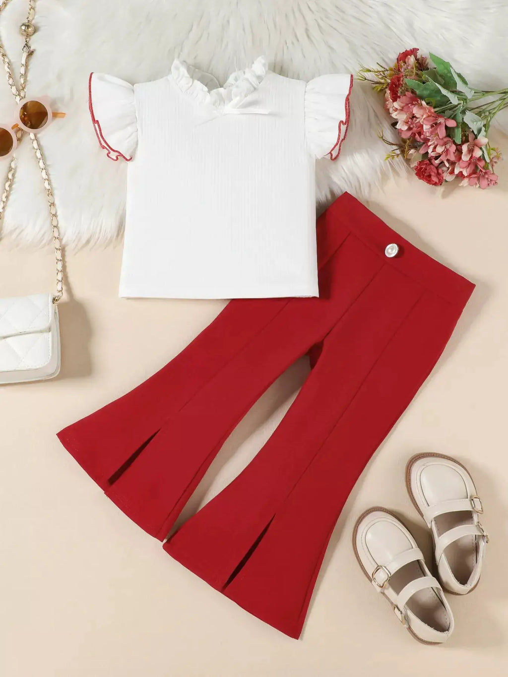 Girls Ruffle Trim Top And Flare Leg Pants Set For Parties — Parfymia