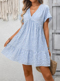 Plaid V-Neck Ruffle Hem Mini Dress Trendsi