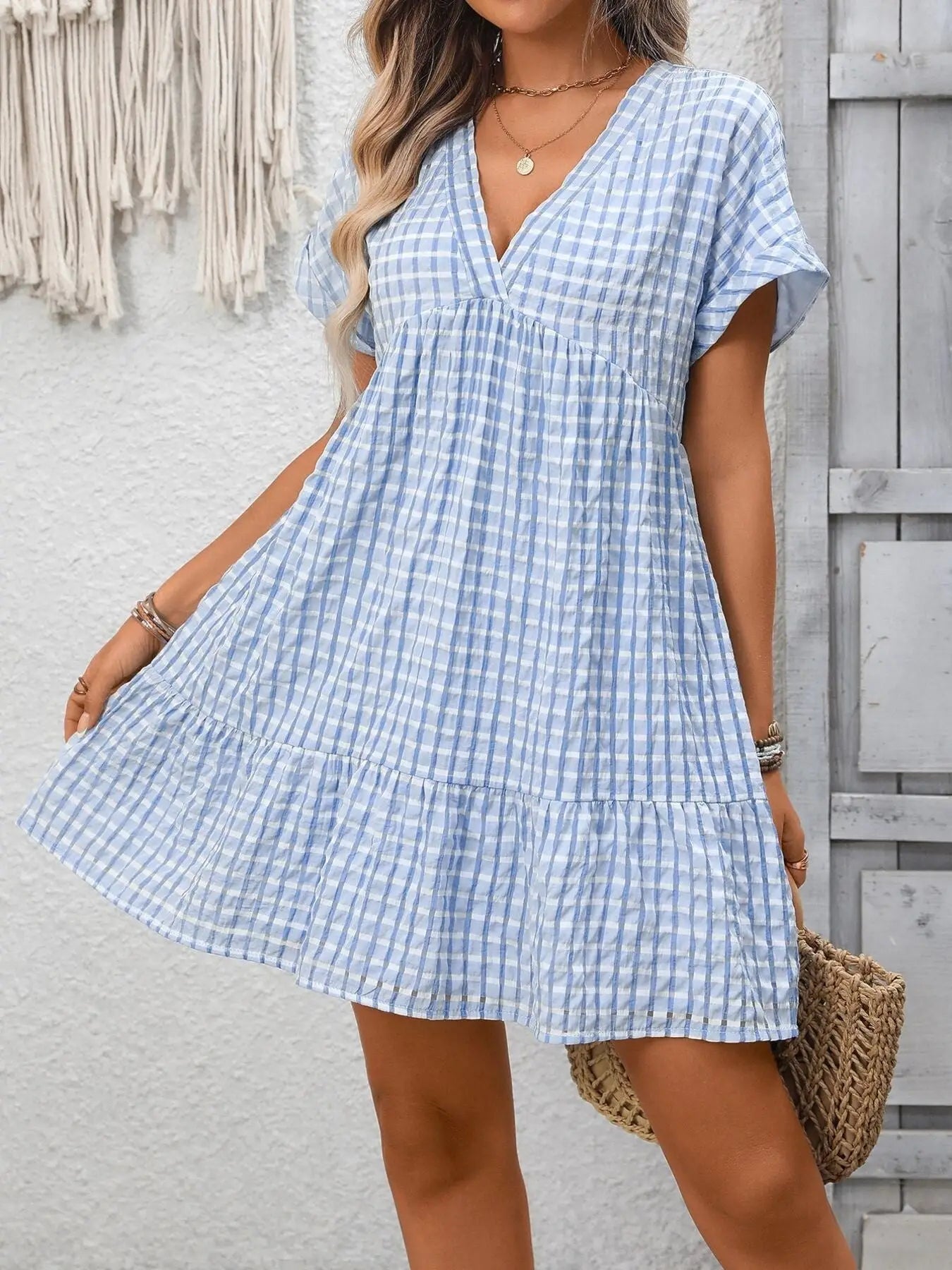 Plaid V-Neck Ruffle Hem Mini Dress Trendsi