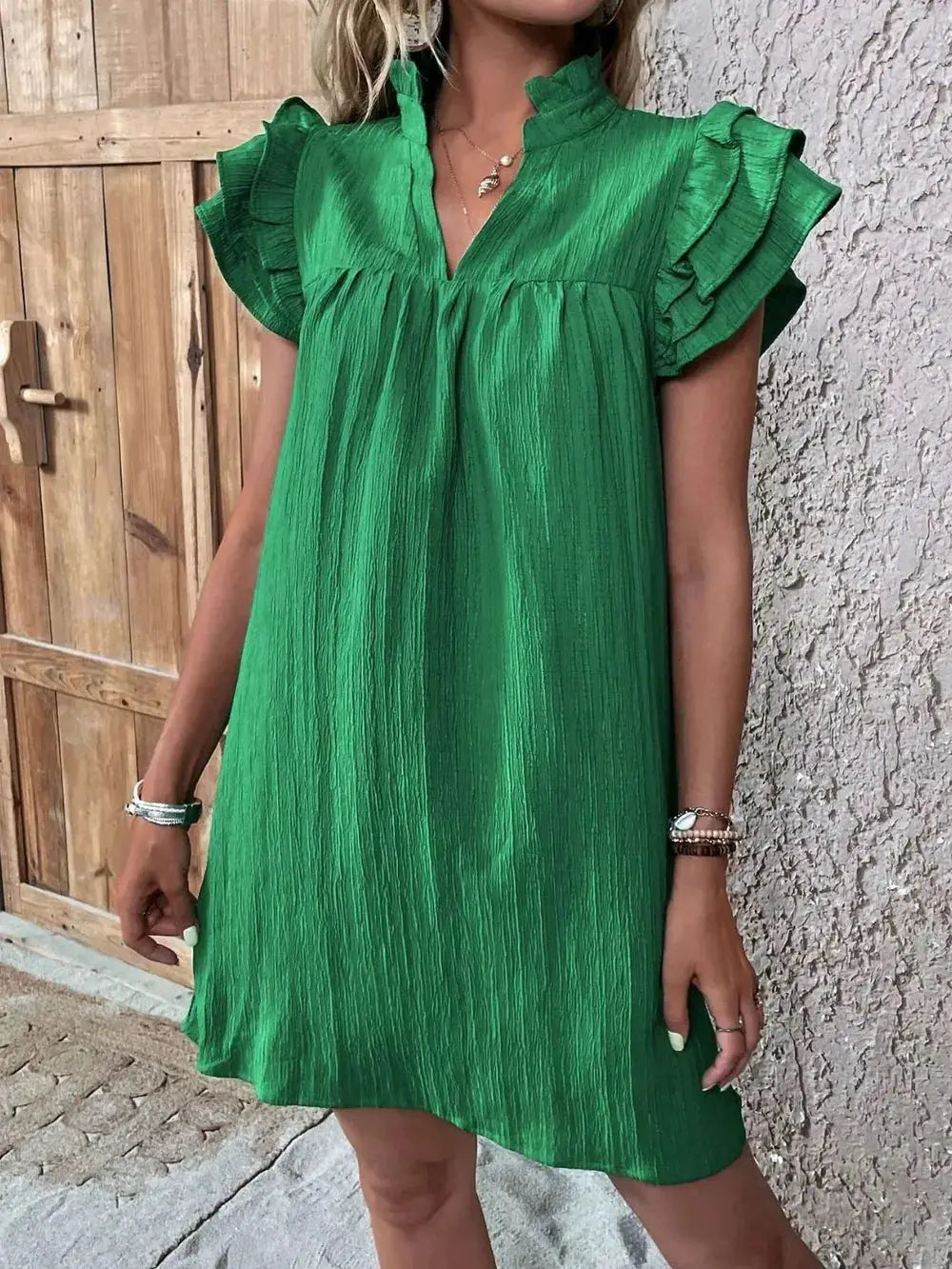 Ruffled Notched Cap Sleeve Mini Dress Trendsi