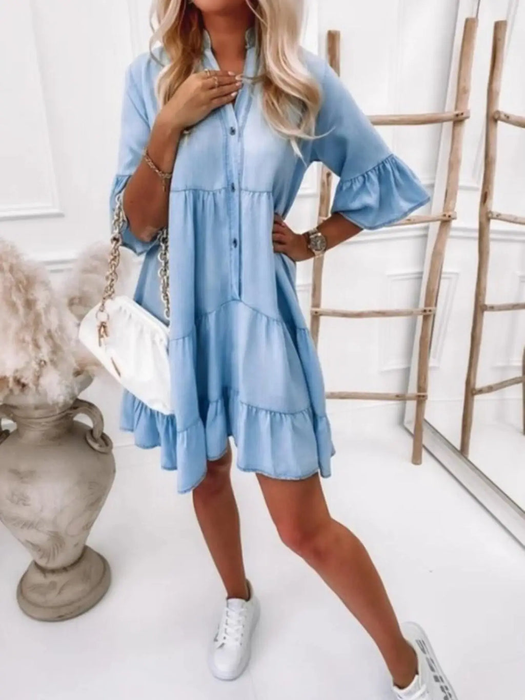 Ruffled Sleeve Button Front Mini Dress Trendsi