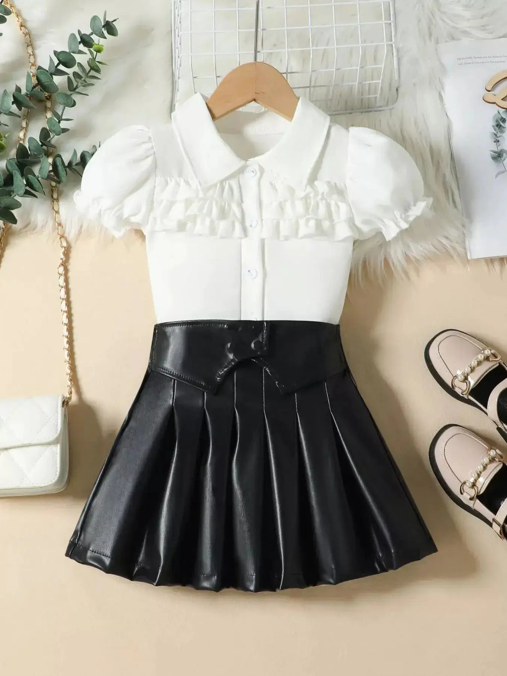 Girls White Puff Sleeve Ruffle Button Top With Black Pleated Skirt Set — Parfymia