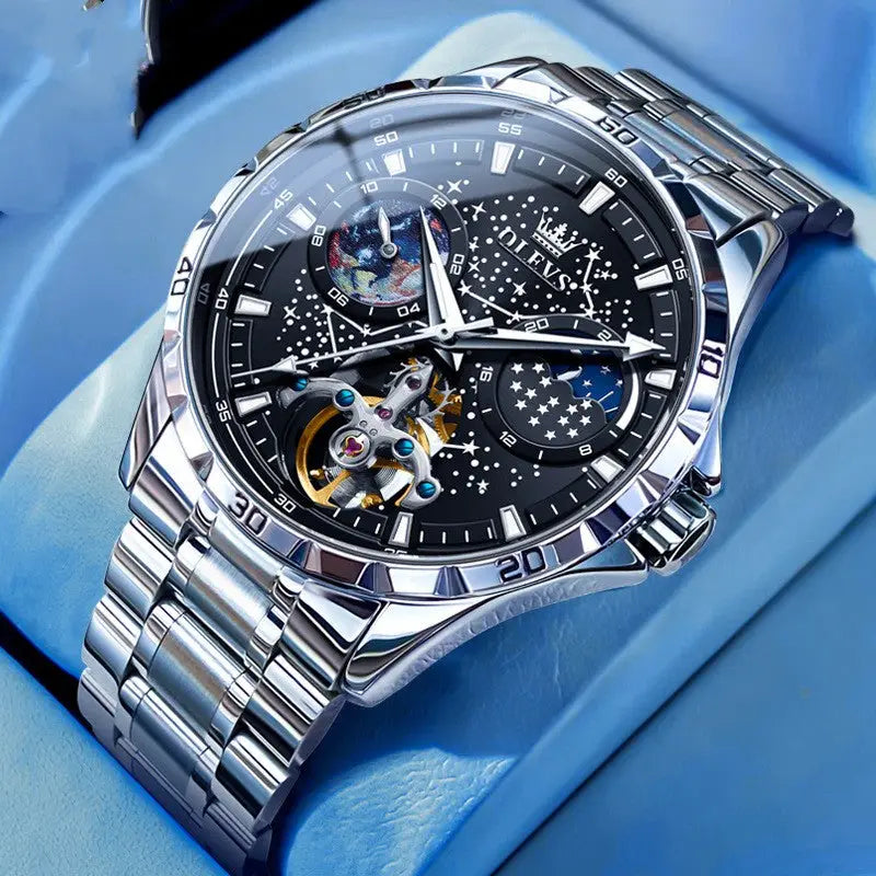 Men's Starry Sky Mechanical Watch – Hollow Skeleton, Transparent Case Back Dropshipman