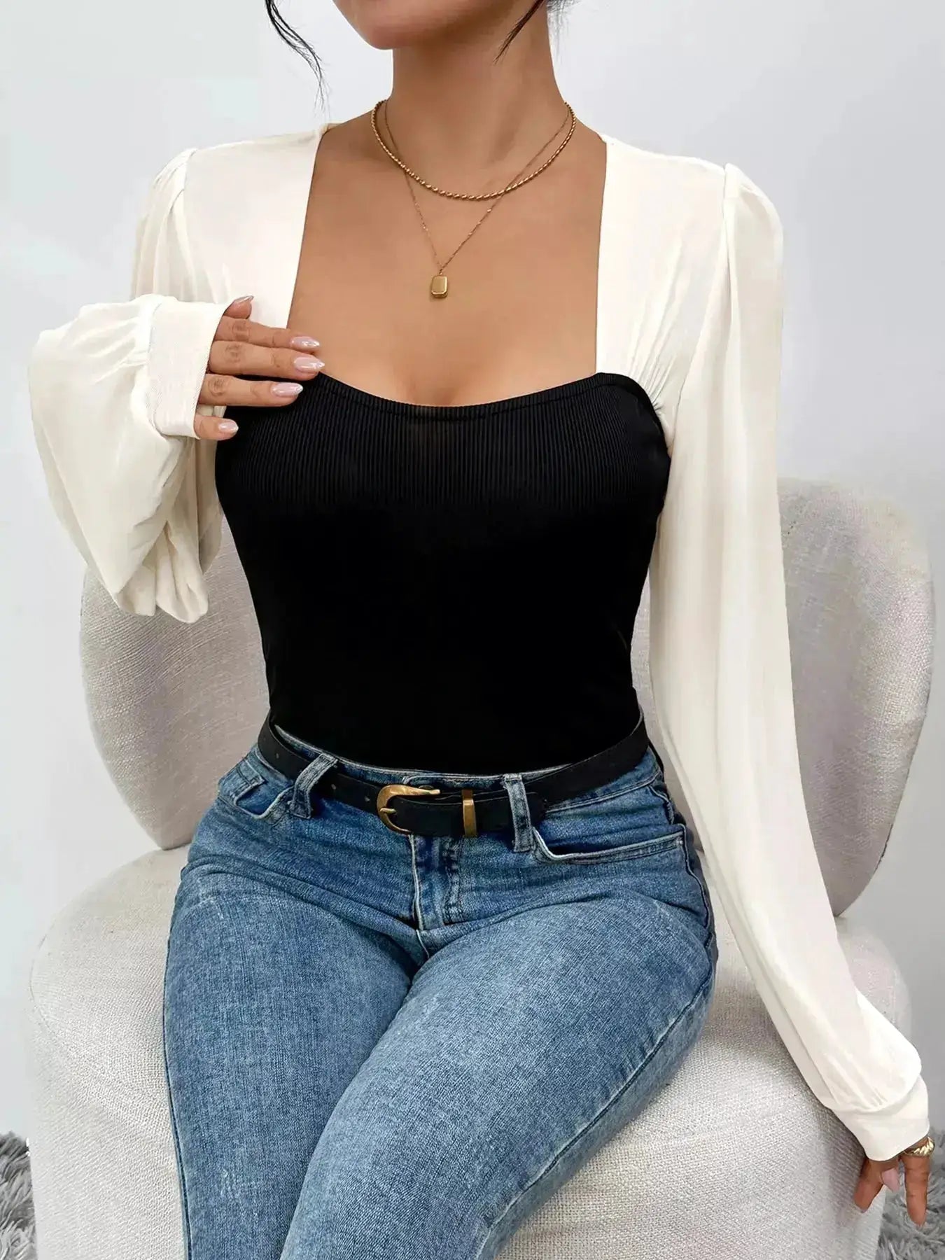 Two-Tone Long Sleeve Bodysuit by Parfymia