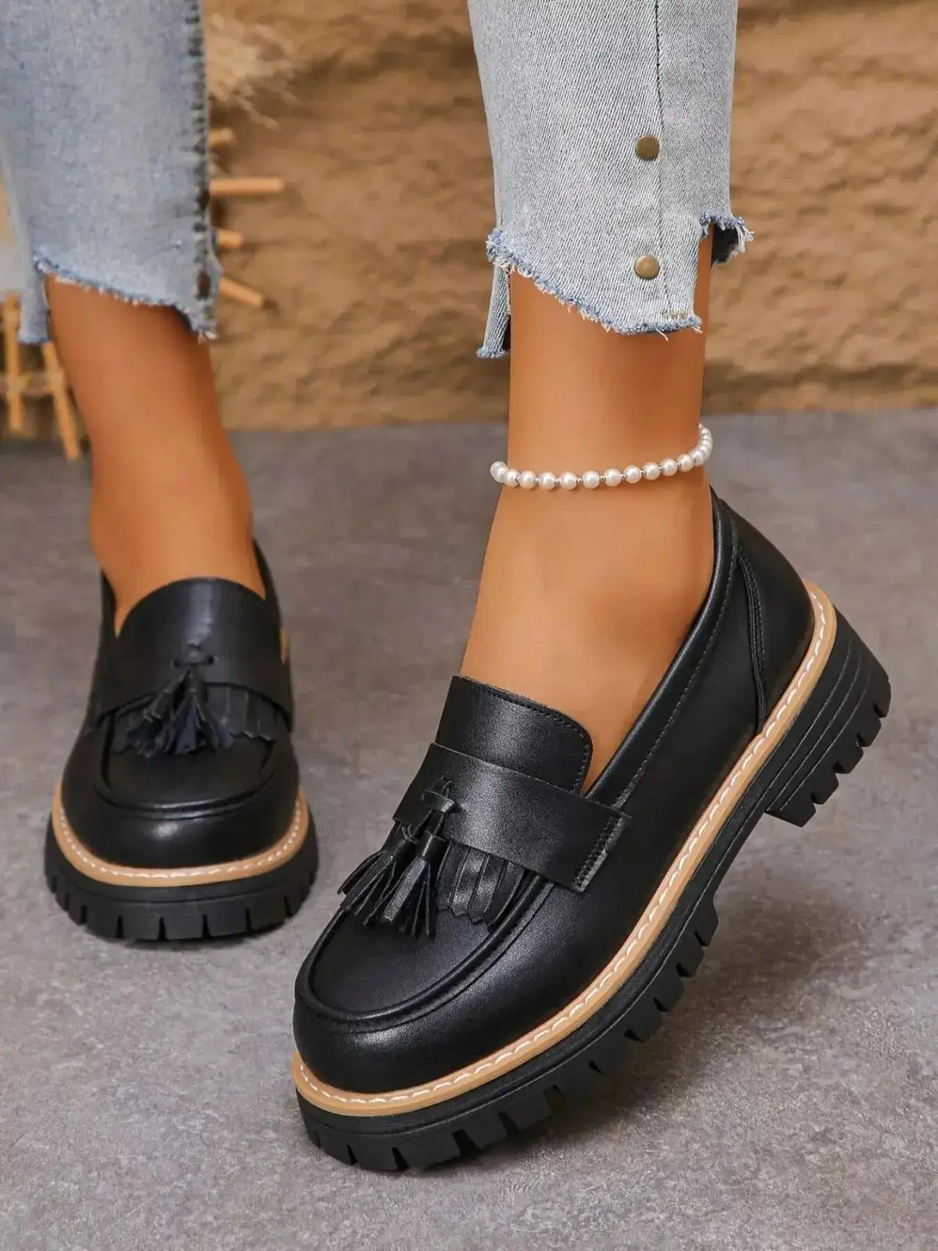 PU Leather Tassel Round Toe Platform Loafers by Parfymia