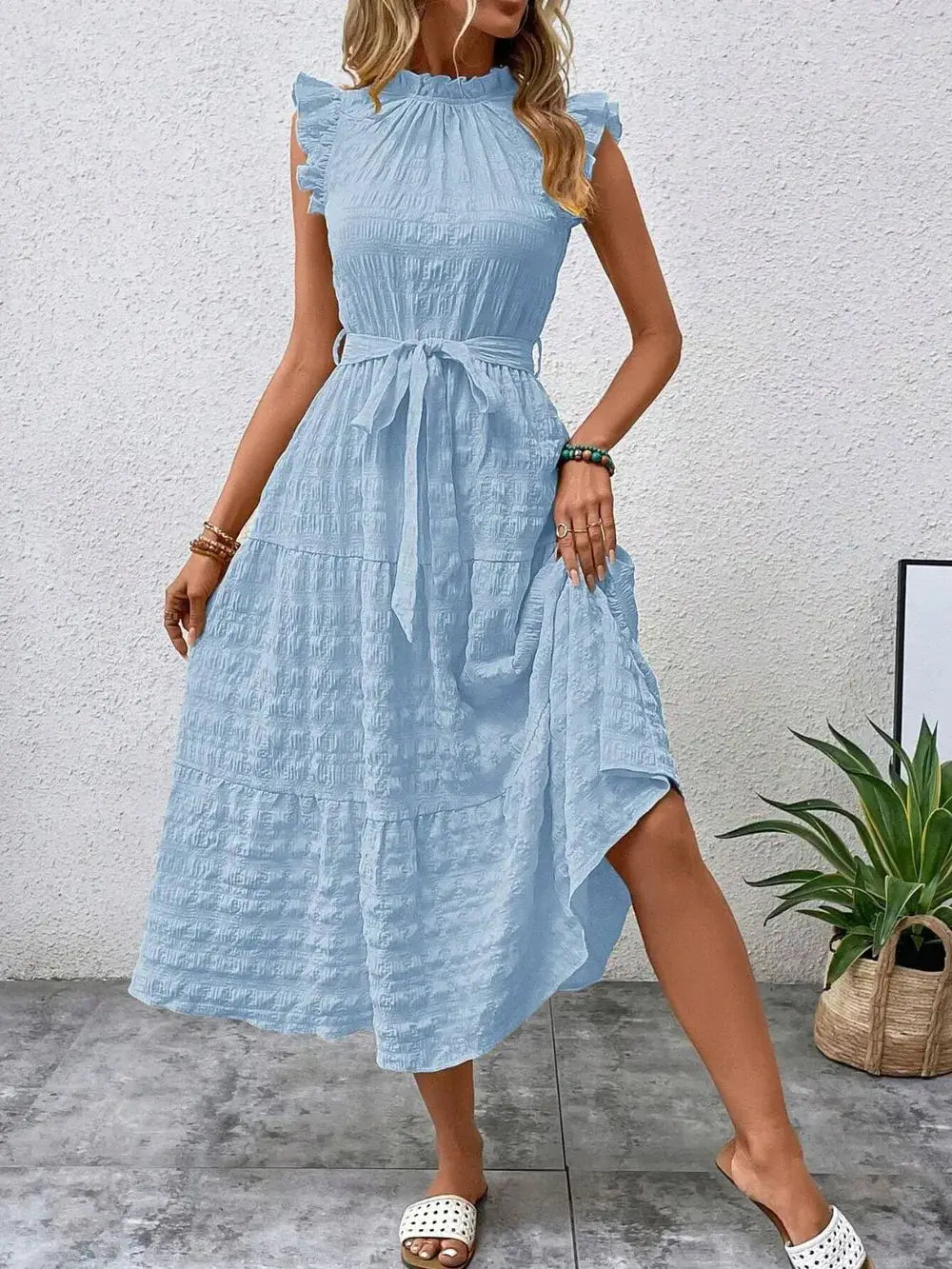 Tied Ruffled Cap Sleeve Midi Dress Trendsi