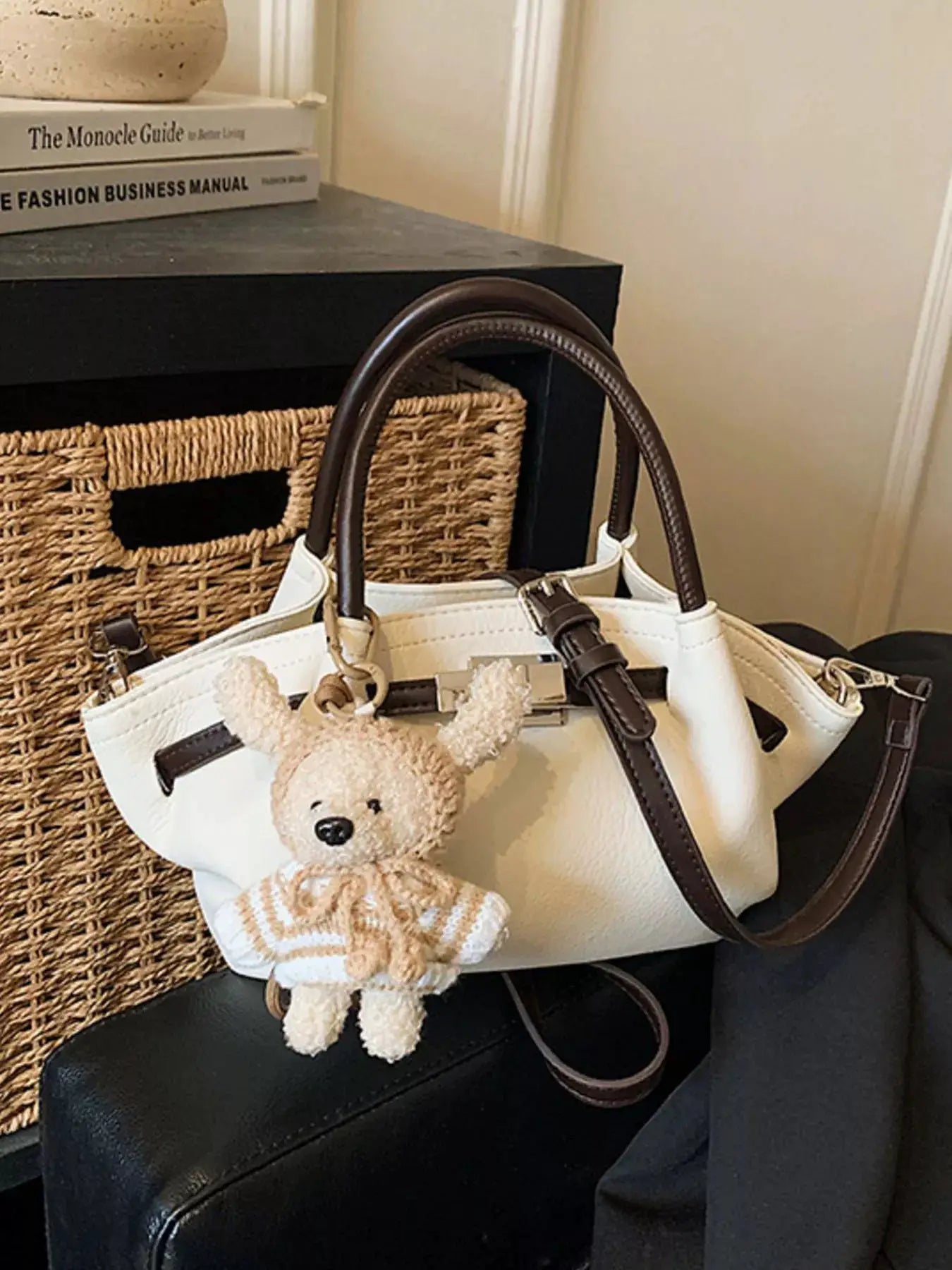 Mini PU Leather Buckle Decor Crossbody Bag With Bear Charm — Parfymia