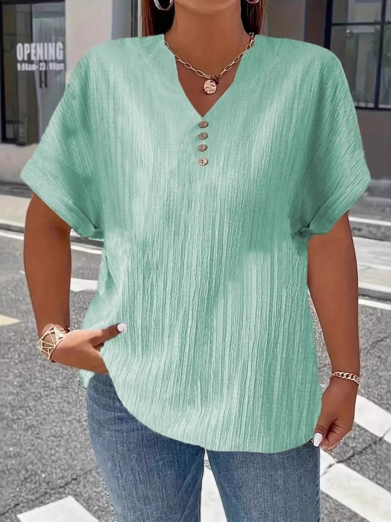 Women's Plus Size Notched Short Sleeve Top