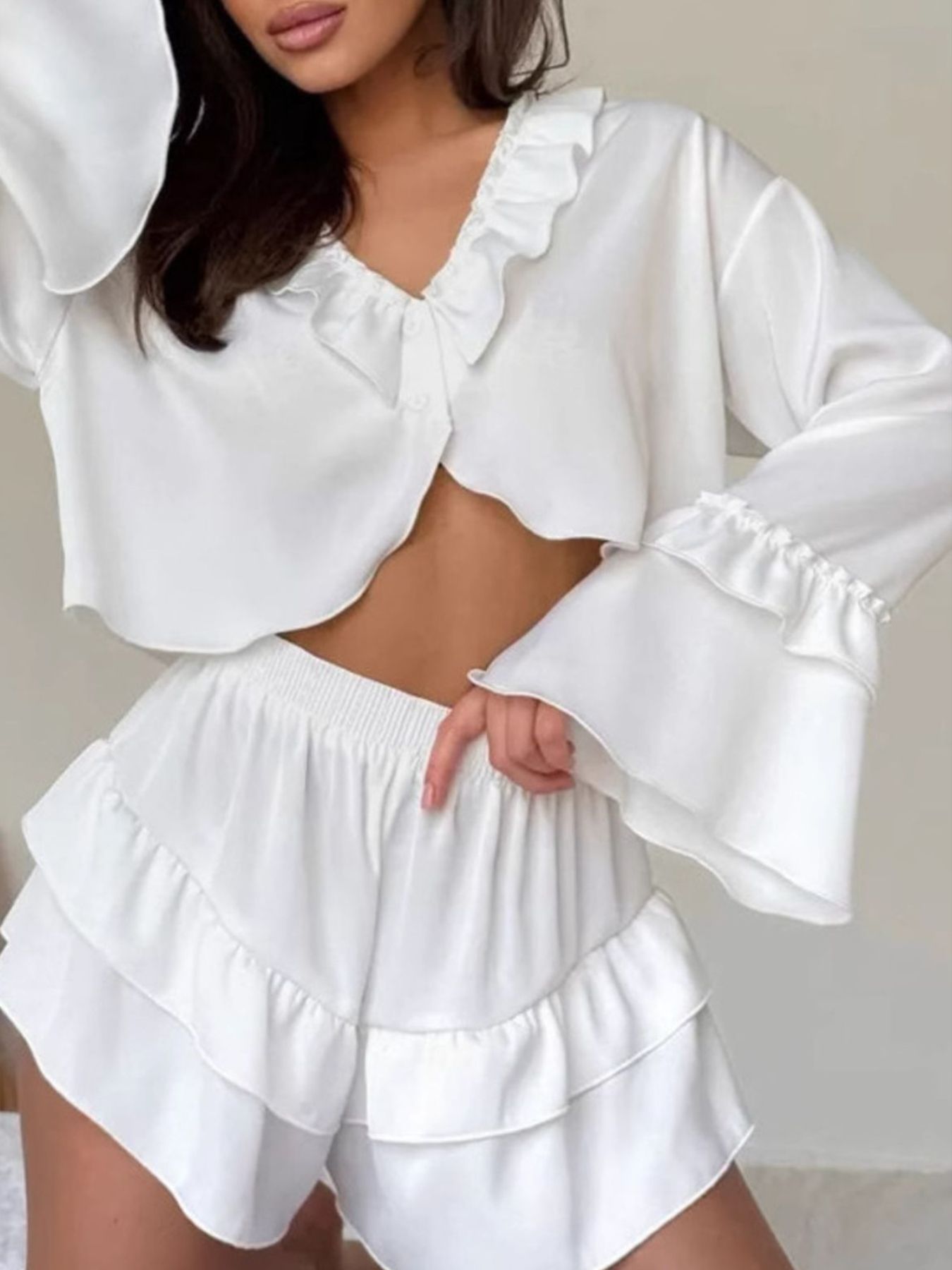 Women's Shorts Set – Ruffled V-Neck Top