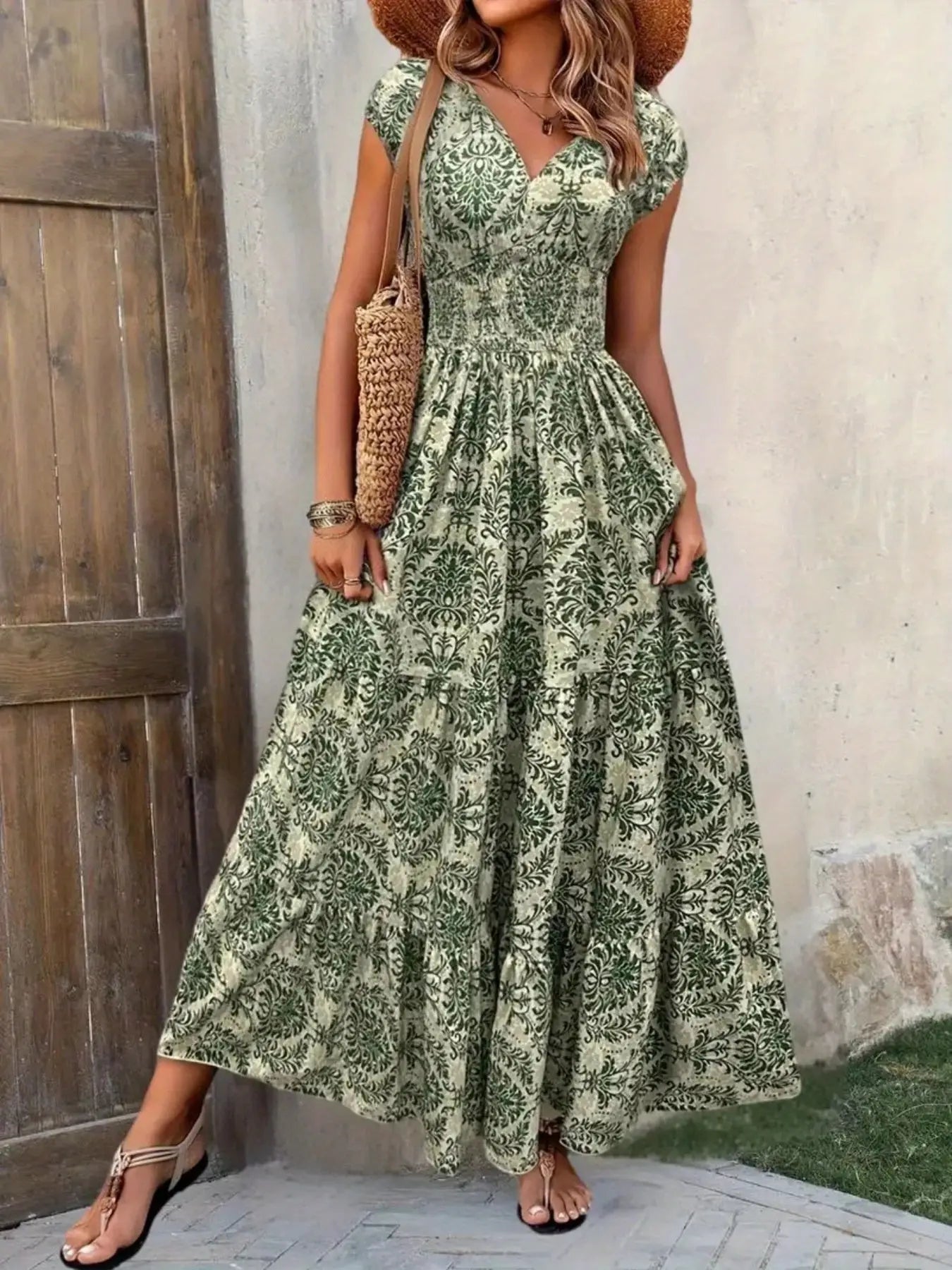 Printed Cap Sleeve Maxi Dress Trendsi
