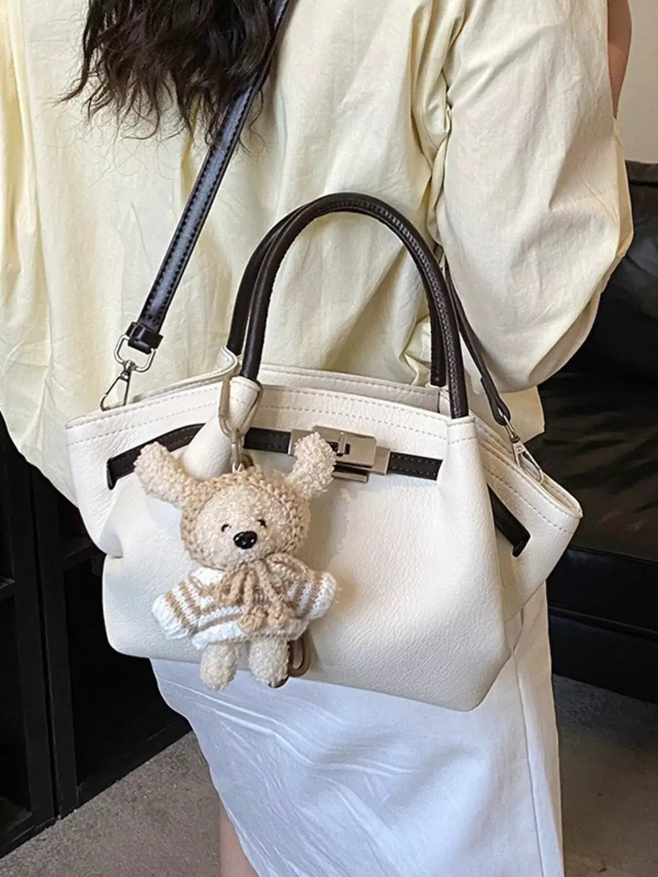 Mini PU Leather Buckle Decor Crossbody Bag With Bear Charm — Parfymia