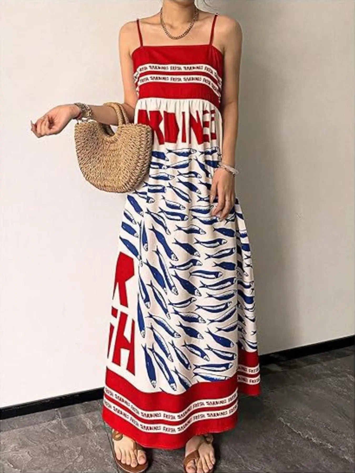 Sardine Print Spaghetti Strap Maxi Dress Trendsi